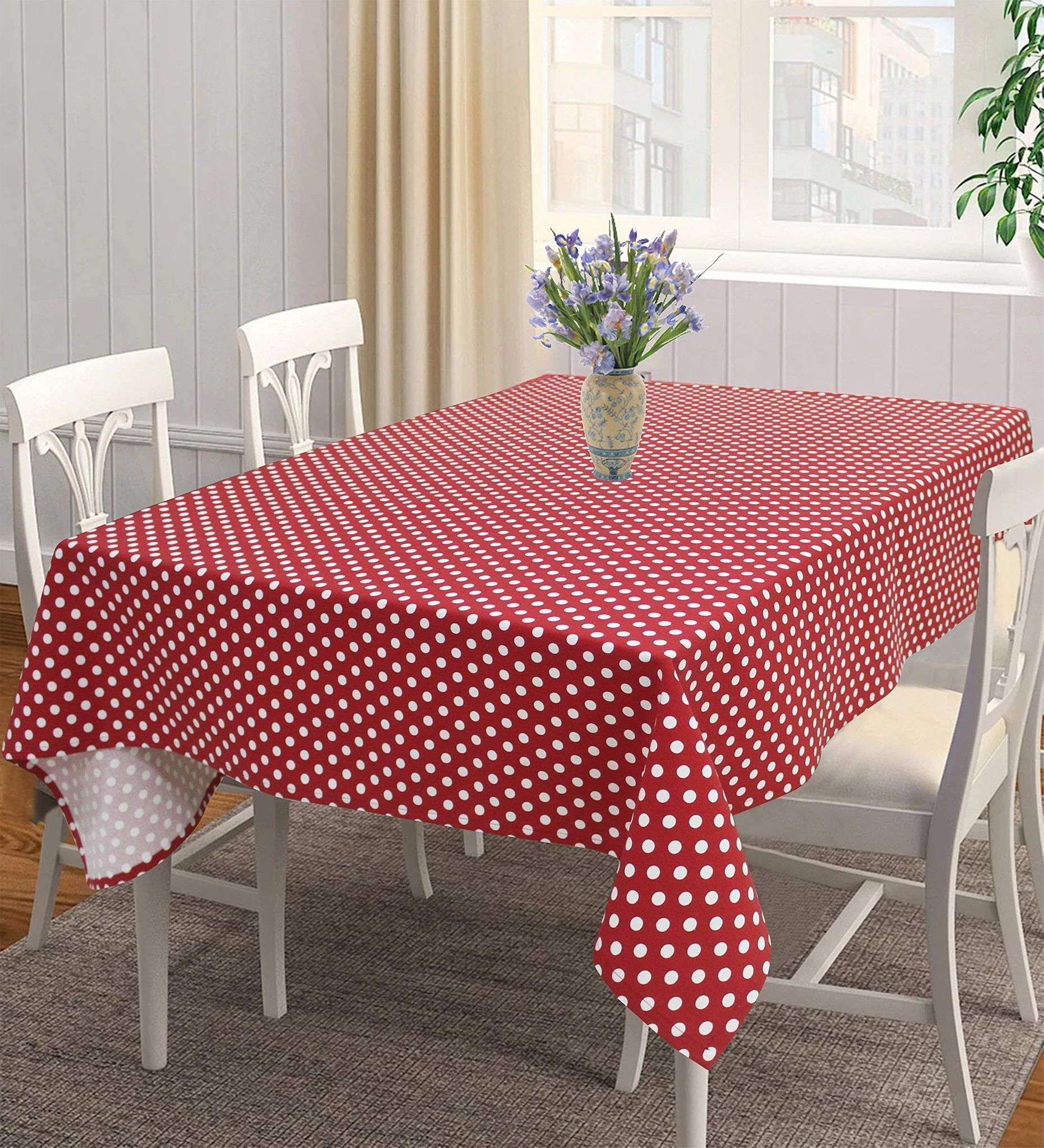 AIRWILL 100% Cotton Polka Pattern 4 Seater Square Table Cover Sized, 56x56 inches (Red,White, Pack of 1)