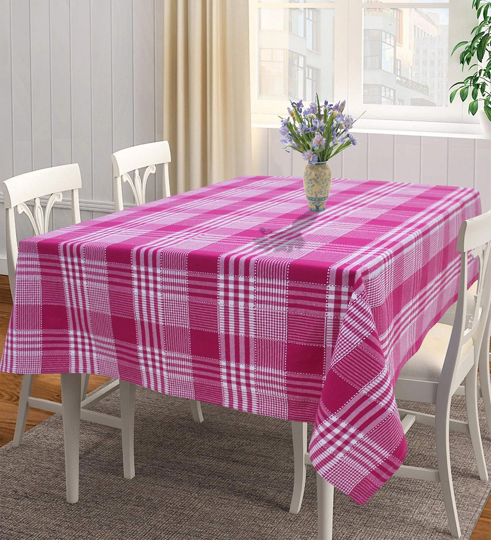 AIRWILL 100% Cotton Checkered Pattern 4 Seater Square Table Cover Sized, 56x56 inches (Pink,White, Pack of 1)