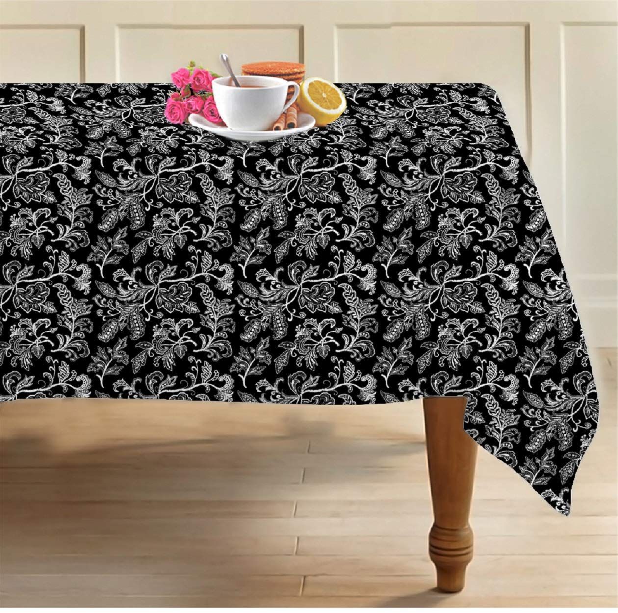 AIRWILL 100% Cotton Floral Pattern 6 Seater Rectangle Table Cover Sized, 56x71 inches (Black,White, Pack of 1)