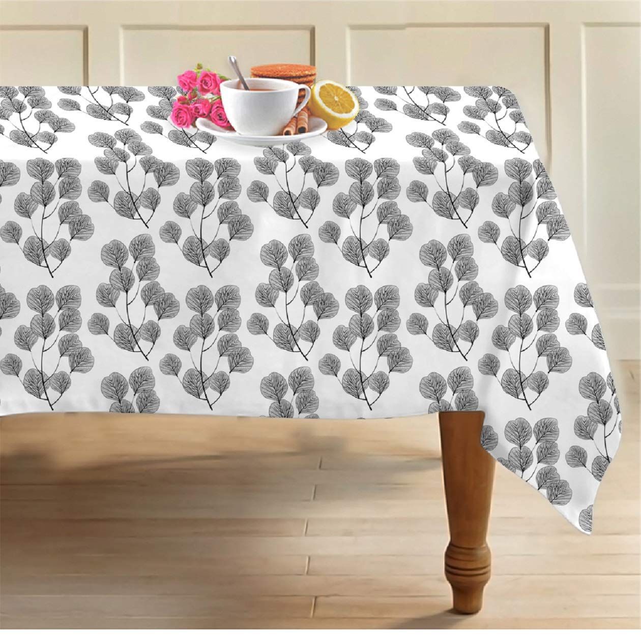 AIRWILL 100% Cotton Floral Pattern 6 Seater Rectangle Table Cover Sized, 56x71 inches (Black,White, Pack of 1)