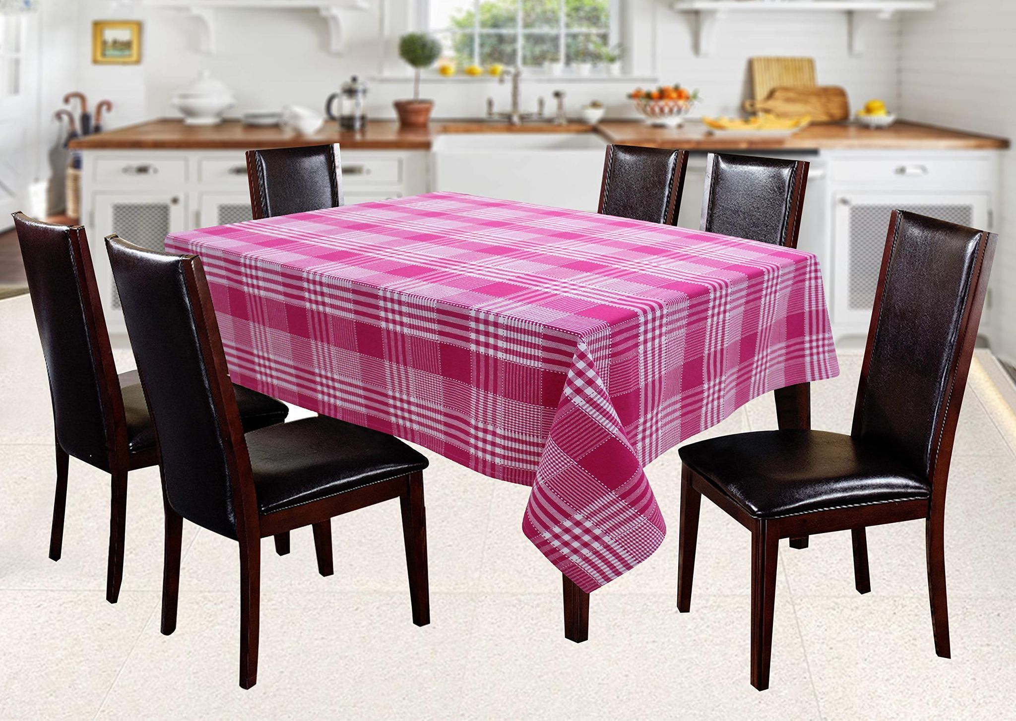 AIRWILL 100% Cotton Checkered Pattern 6 Seater Rectangle Table Cover Sized, 56x71 inches (Pink, Pack of 1)