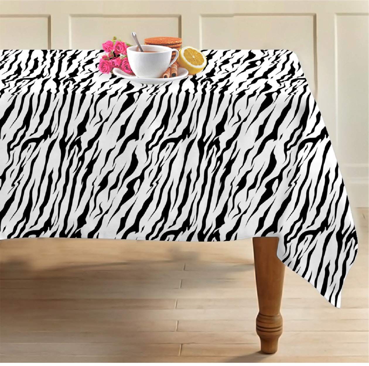 AIRWILL 100% Cotton Premium Quality Printed Pattern 6 Seater Rectangle Table Cover Sized, 56x71 inches (Black,White, Pack of 1)