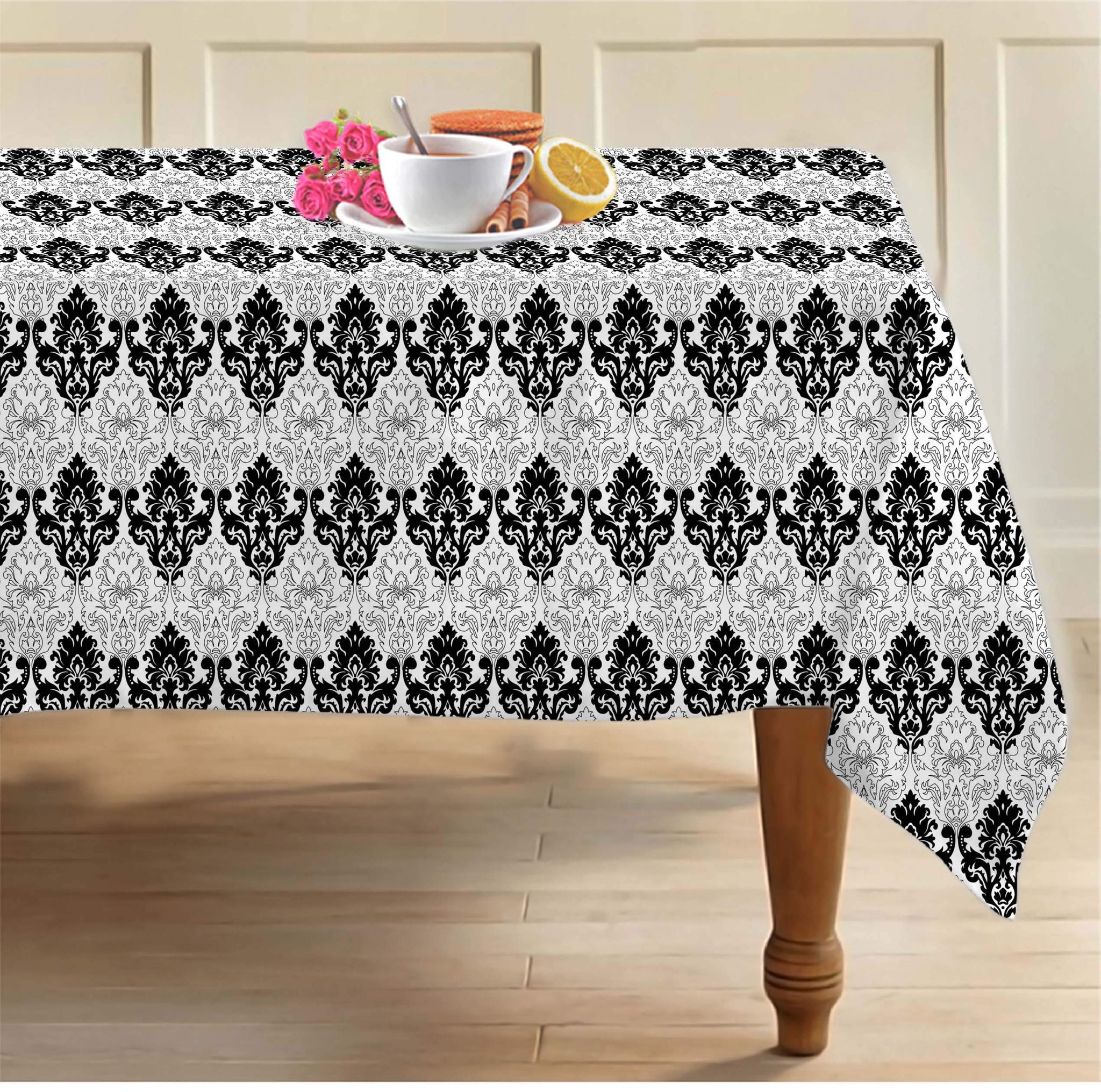 AIRWILL 100% Cotton Damask Pattern 6 Seater Rectangle Table Cover Sized, 56x71 inches (Black,White, Pack of 1)