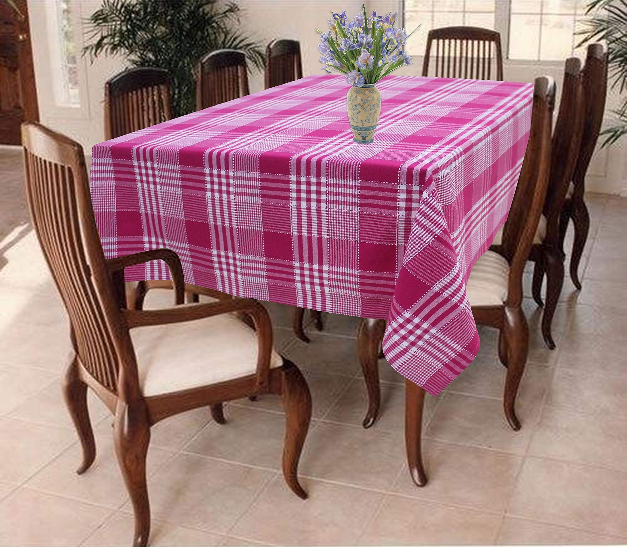 AIRWILL 100% Cotton Checkered Pattern 8 Seater Rectangle Table Cover Sized, 56x95 inches (Pink,White, Pack of 1)