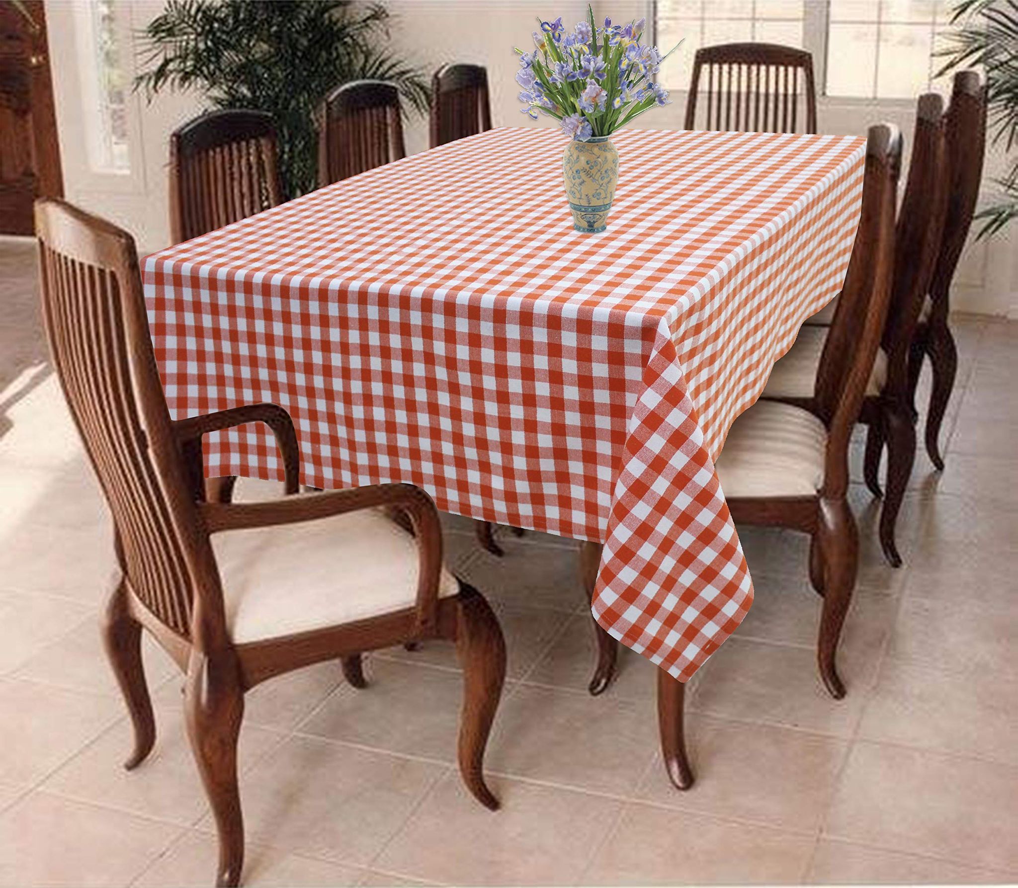 AIRWILL 100% Cotton Checkered Pattern 8 Seater Rectangle Table Cover Sized, 56x95 inches (Orange,White, Pack of 1)