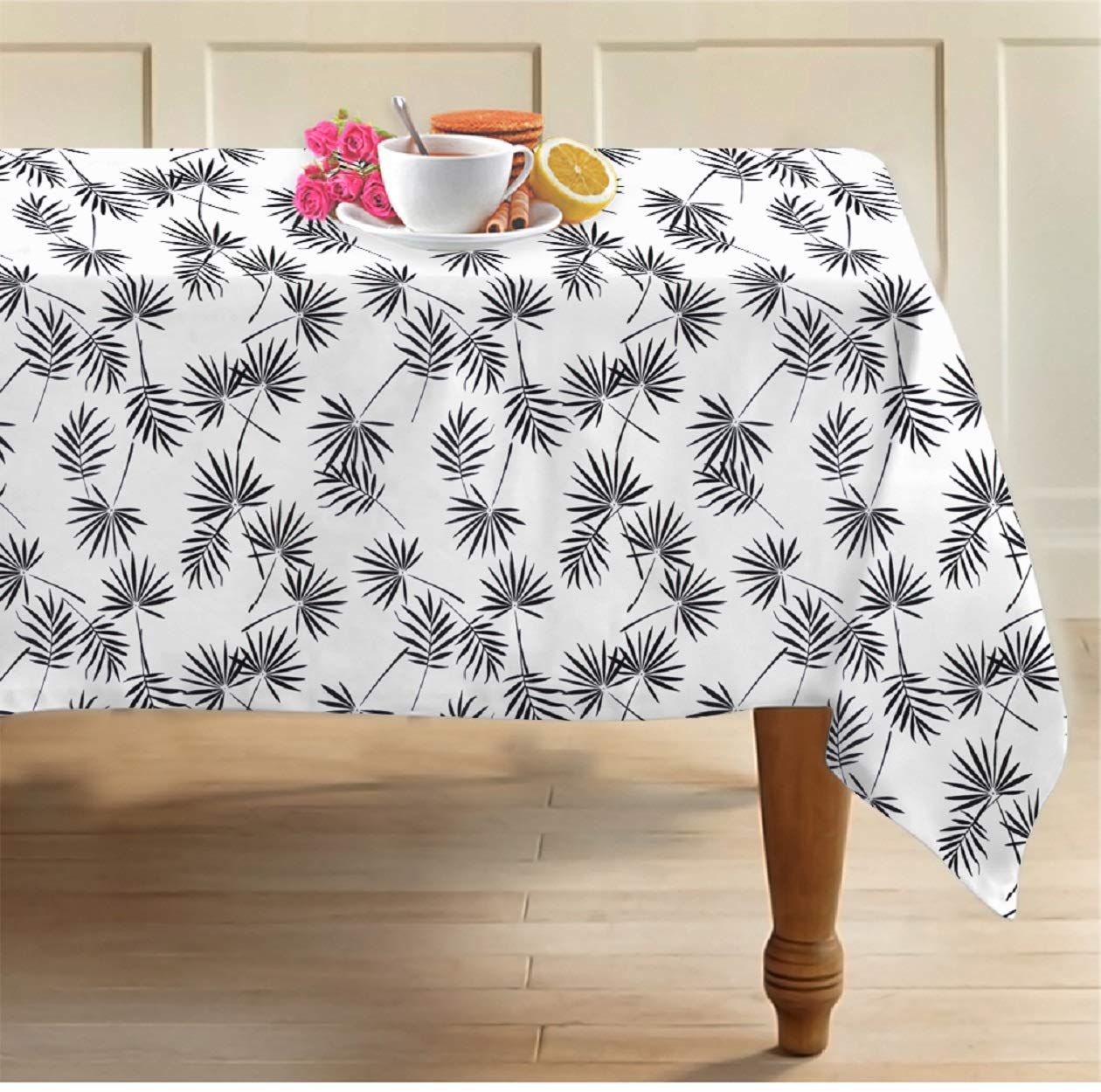 AIRWILL 100% Cotton Floral Pattern 8 Seater Rectangle Table Cover Sized, 56x95 inches (Black,White, Pack of 1)