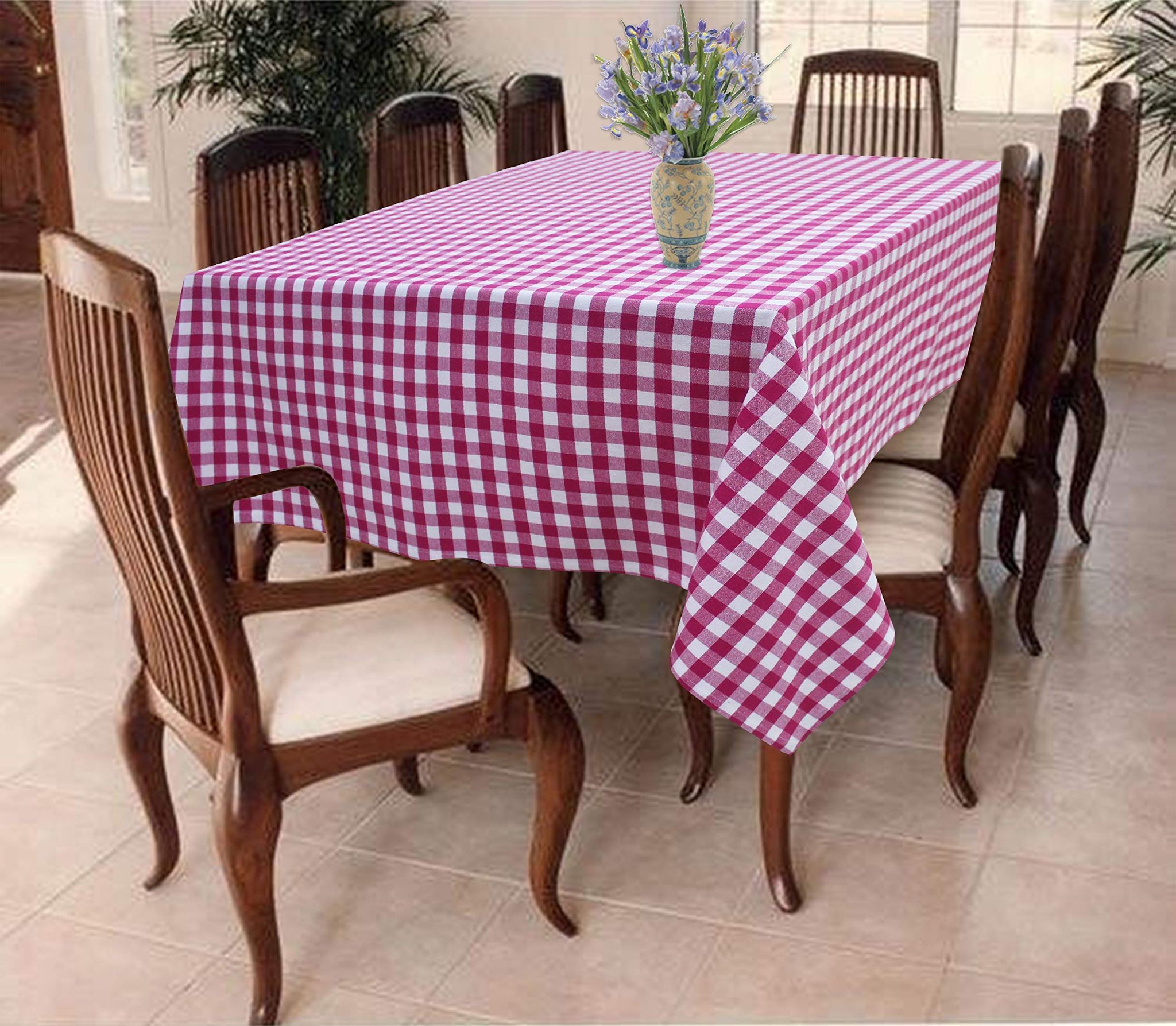 AIRWILL 100% Cotton Checkered Pattern 8 Seater Rectangle Table Cover Sized, 56x95 inches (Pink,White, Pack of 1)