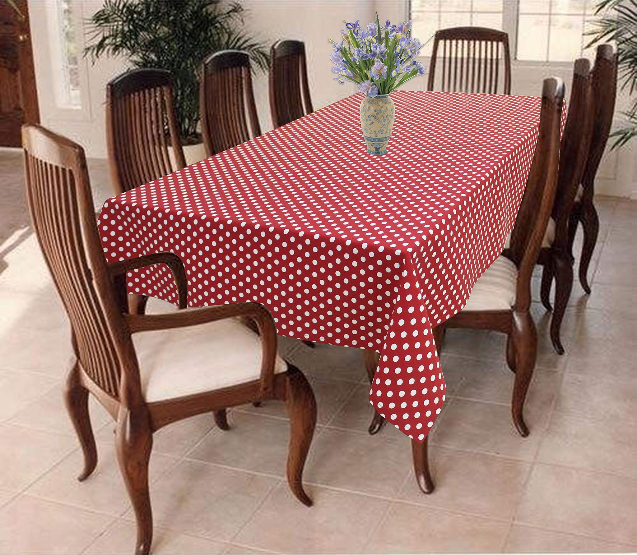 AIRWILL 100% Cotton Polka Pattern 8 Seater Rectangle Table Cover Sized, 56x95 inches (Red,White, Pack of 1)