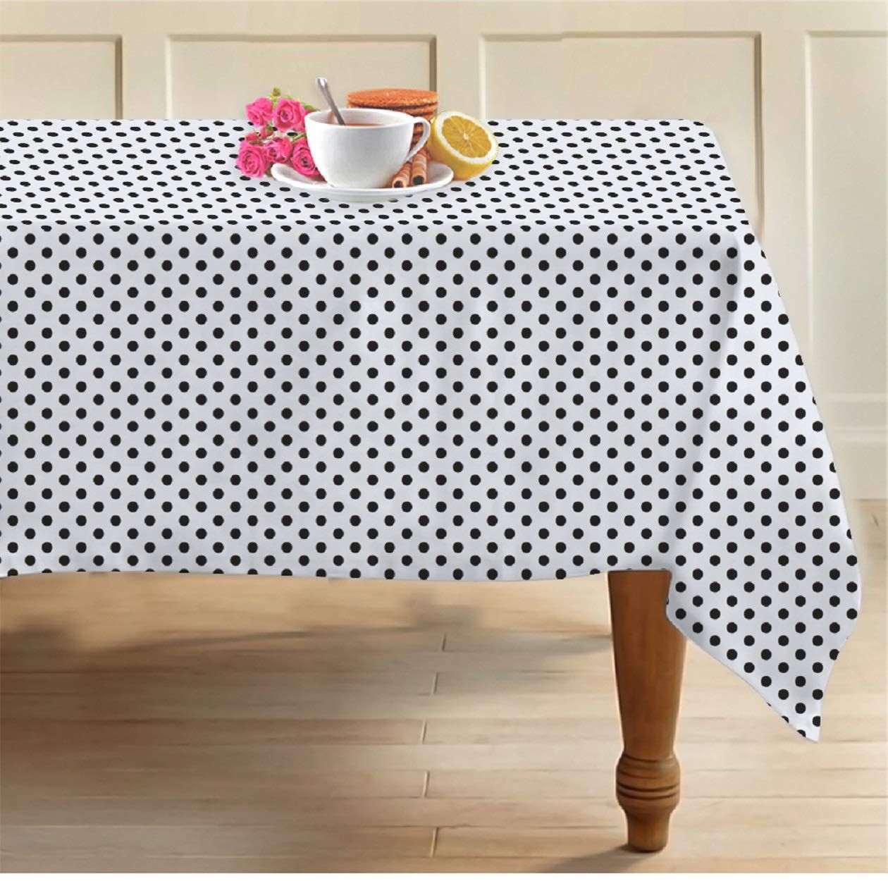 AIRWILL 100% Cotton Polka Pattern 8 Seater Rectangle Table Cover Sized, 56x95 inches (Black,White, Pack of 1)
