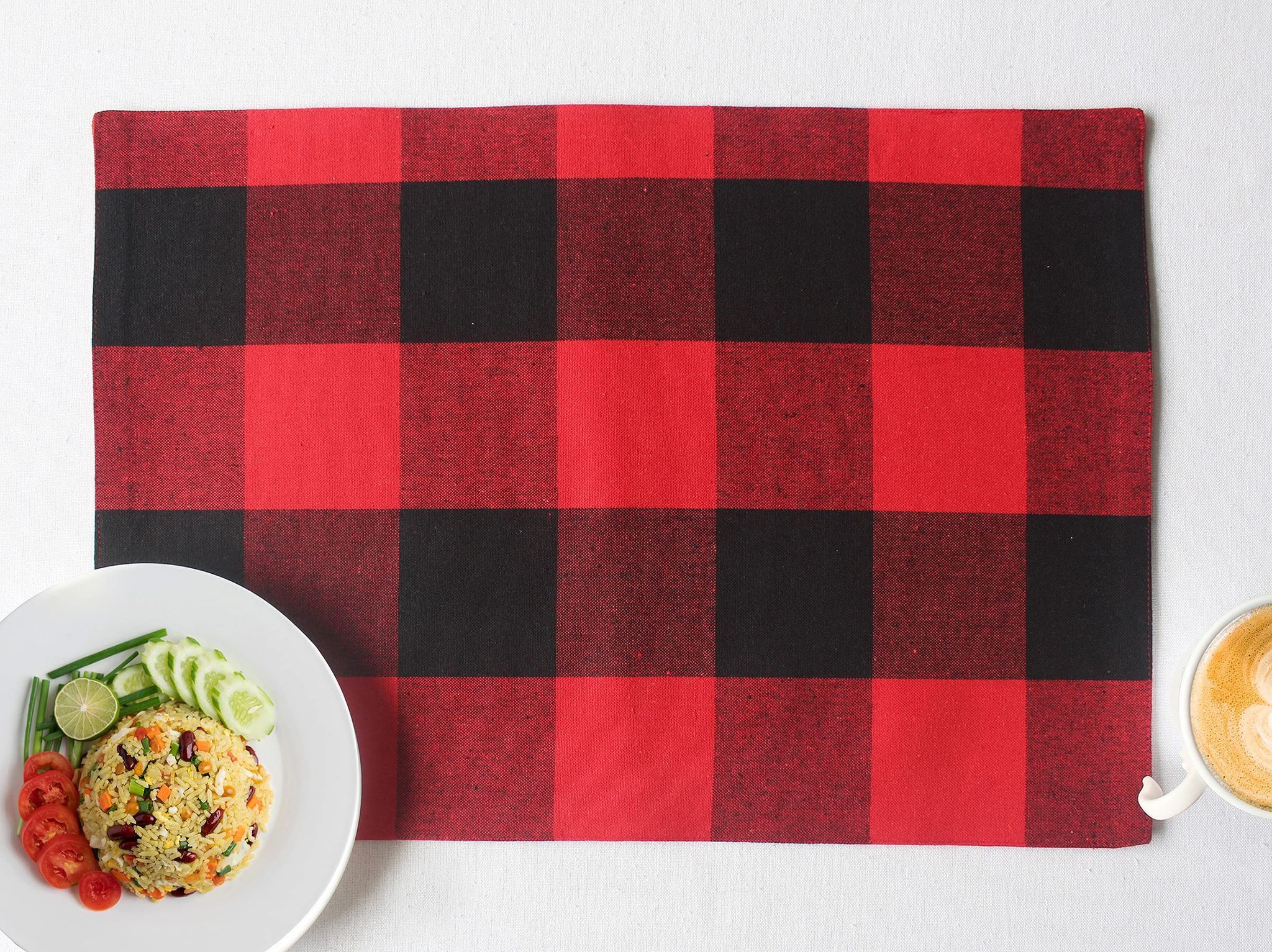 Airwill, Cotton Checkered Pattern Dining Table Placemats, 33x48cms (Red::Black) - Pack of 4 pcs