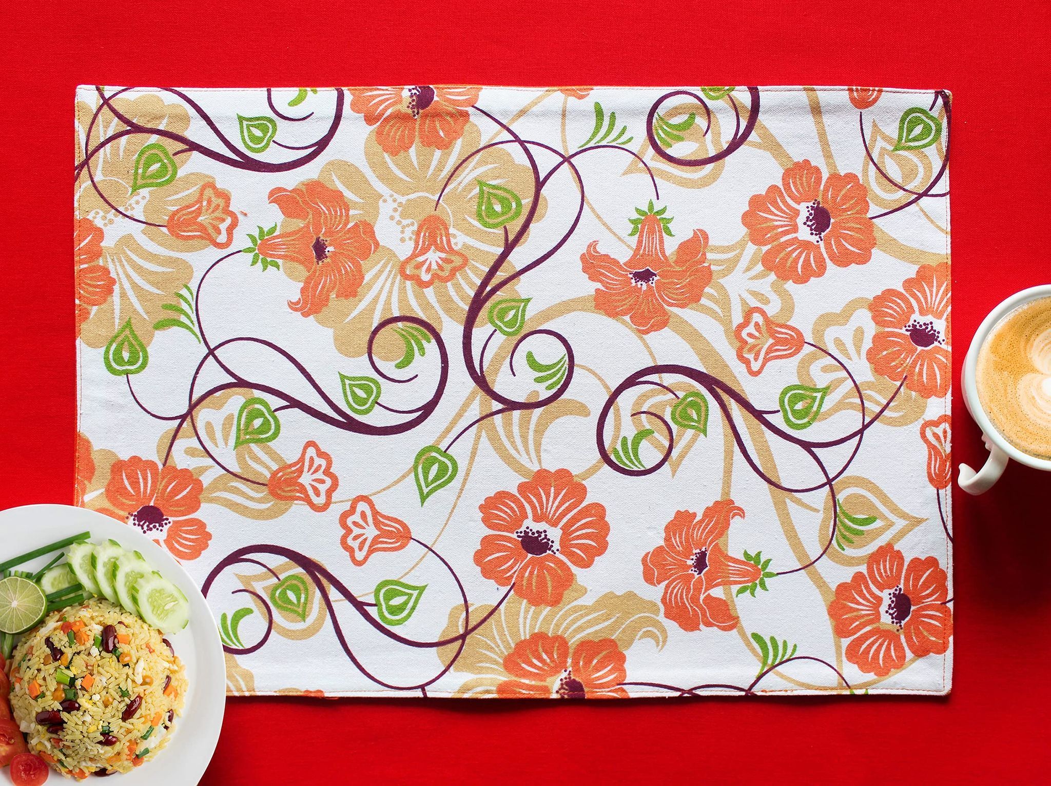 Airwill, Cotton Floral Pattern Dining Table Placemats, 33x48cms (Orange) - Pack of 4 pcs