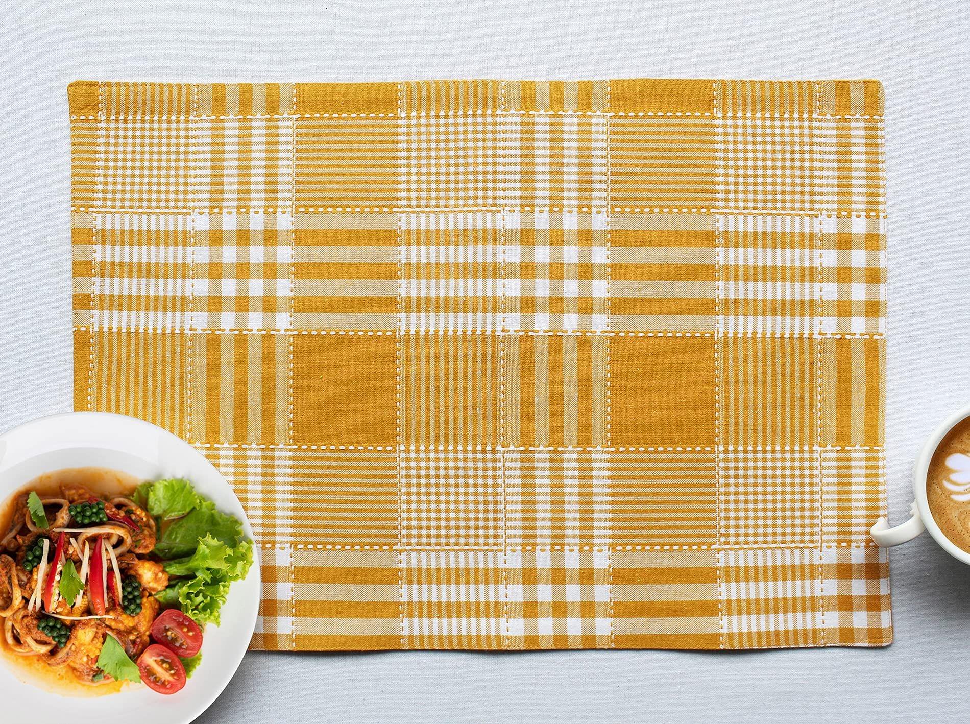 Airwill, Cotton Checkered Pattern Dining Table Placemats, 33x48cms (Yellow) - Pack of 4 pcs