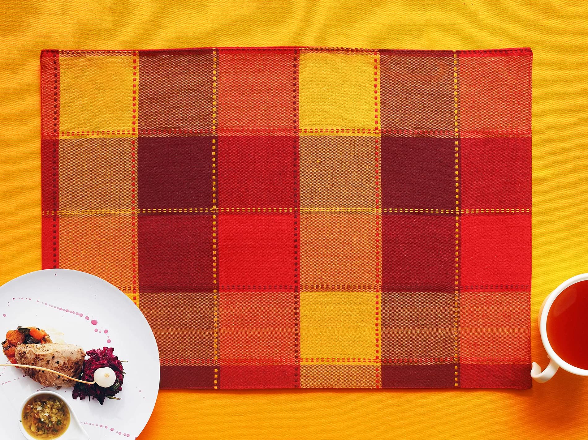 Airwill, Cotton Checkered Pattern Dining Table Placemats, 33x48cms (Red::Yellow) - Pack of 4 pcs