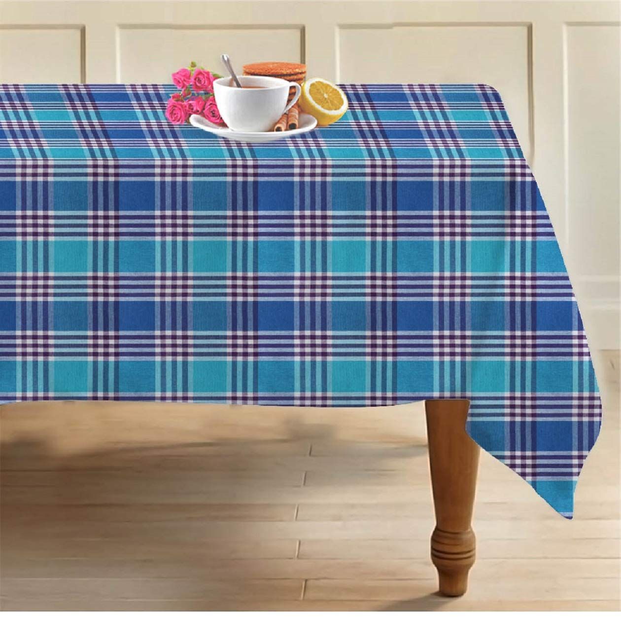 AIRWILL, 100% Cotton Designer Checks Tablecloth/Teapoy Cloth, Sized by 58 inches in Width and 90 inches in Length. Use as 6/8 Seaters, Rectangles Shaped. Pack of 1 Piece.