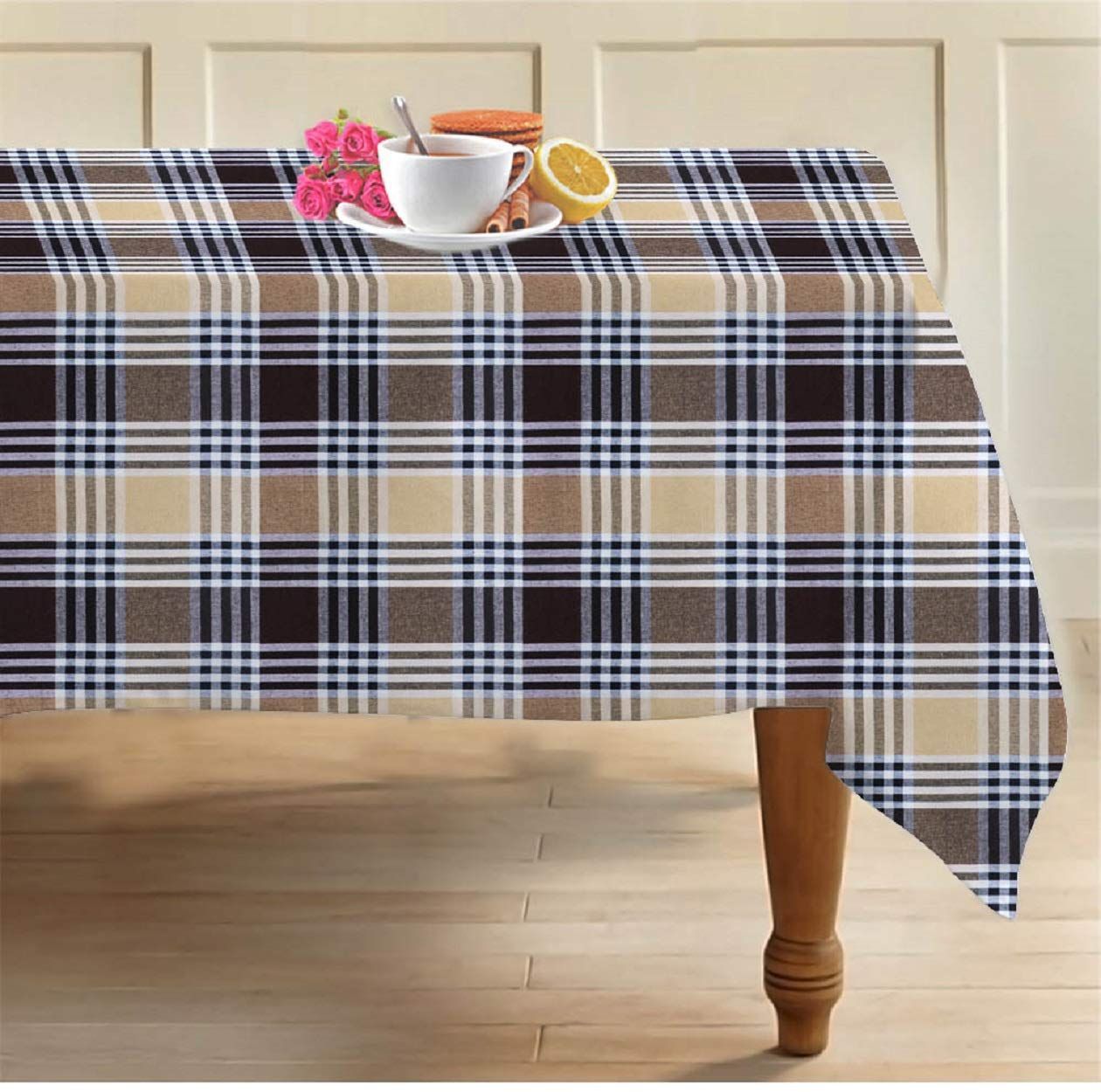 AIRWILL, 100% Cotton Designer Checks Tablecloth/Teapoy Cloth, Sized by 58 inches in Width and 90 inches in Length. Use as 6/8 Seaters, Rectangles Shaped. Pack of 1 Piece.