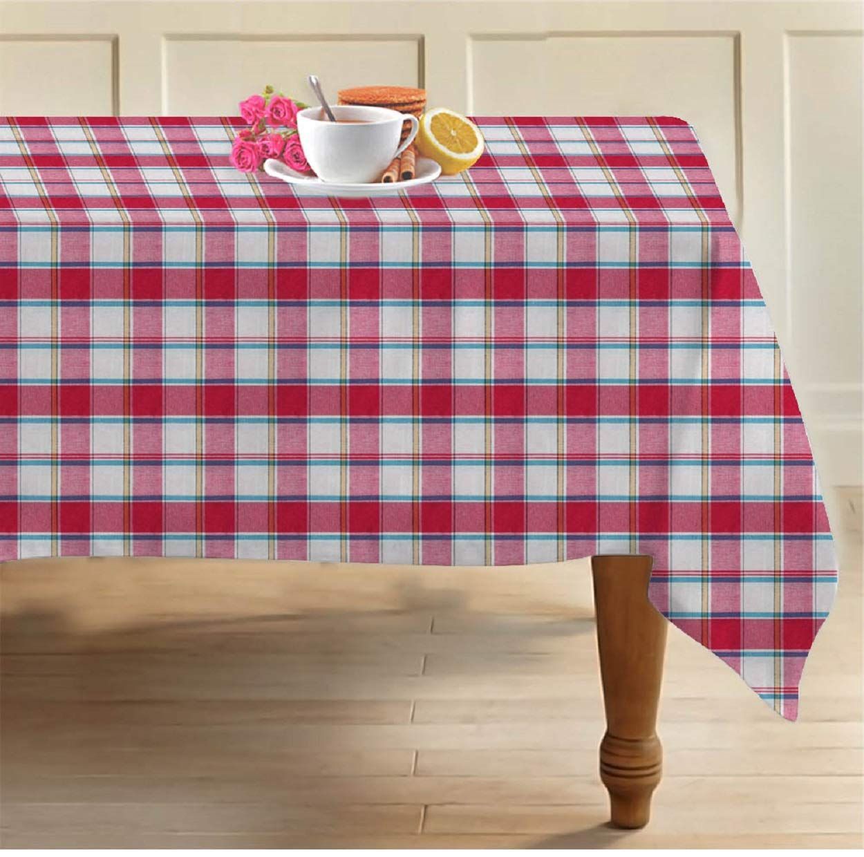 AIRWILL, 100% Cotton Designer Checks Tablecloth/Teapoy Cloth, Sized by 58 inches in Width and 90 inches in Length. Use as 6/8 Seaters, Rectangles Shaped. Pack of 1 Piece.