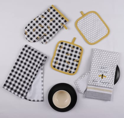 Cotton Kitchen Linen Set of 5 pcs (2 Kitchen Dish Towels, 2 Pot Holders & 1 Oven Mitt)