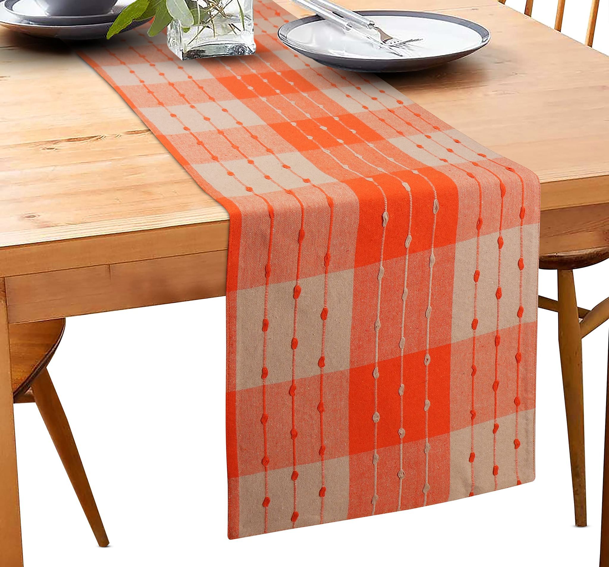 Airwill Cotton Designer Checks Pattern Table Runner Length 152cm (Orange, Pack of 1)