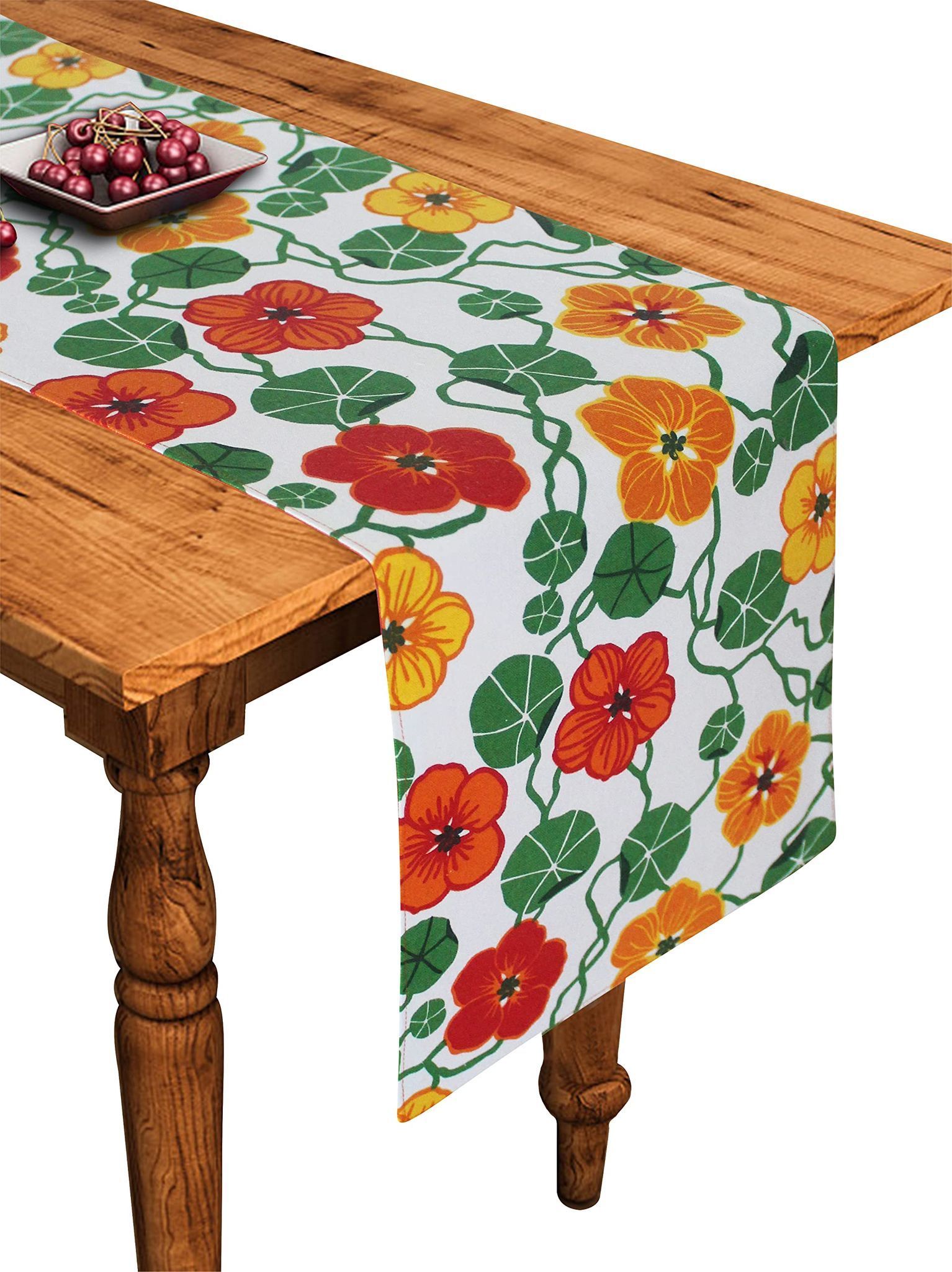 Airwill Cotton Green & Orange Flower Designed Floral Pattern Table Runner Length 152cm (Green, Pack of 1)