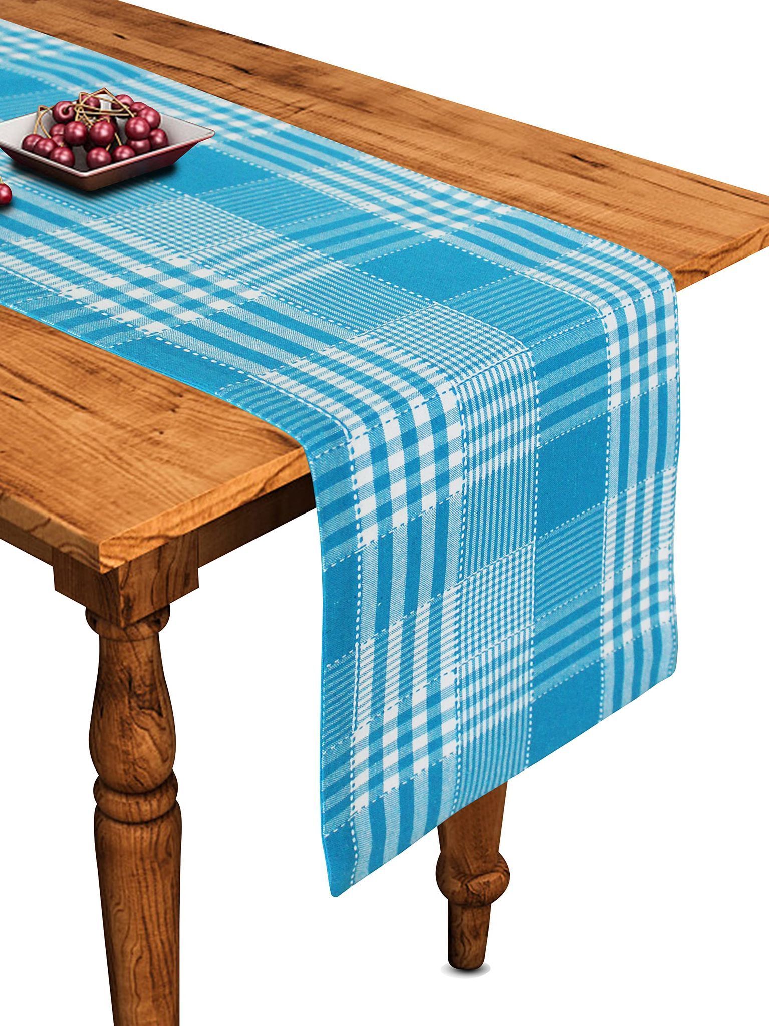 Airwill Cotton Track Dobby Sea Blue Desinged Checked Pattern Table Runner Length 152cm (Light Blue, Pack of 1)