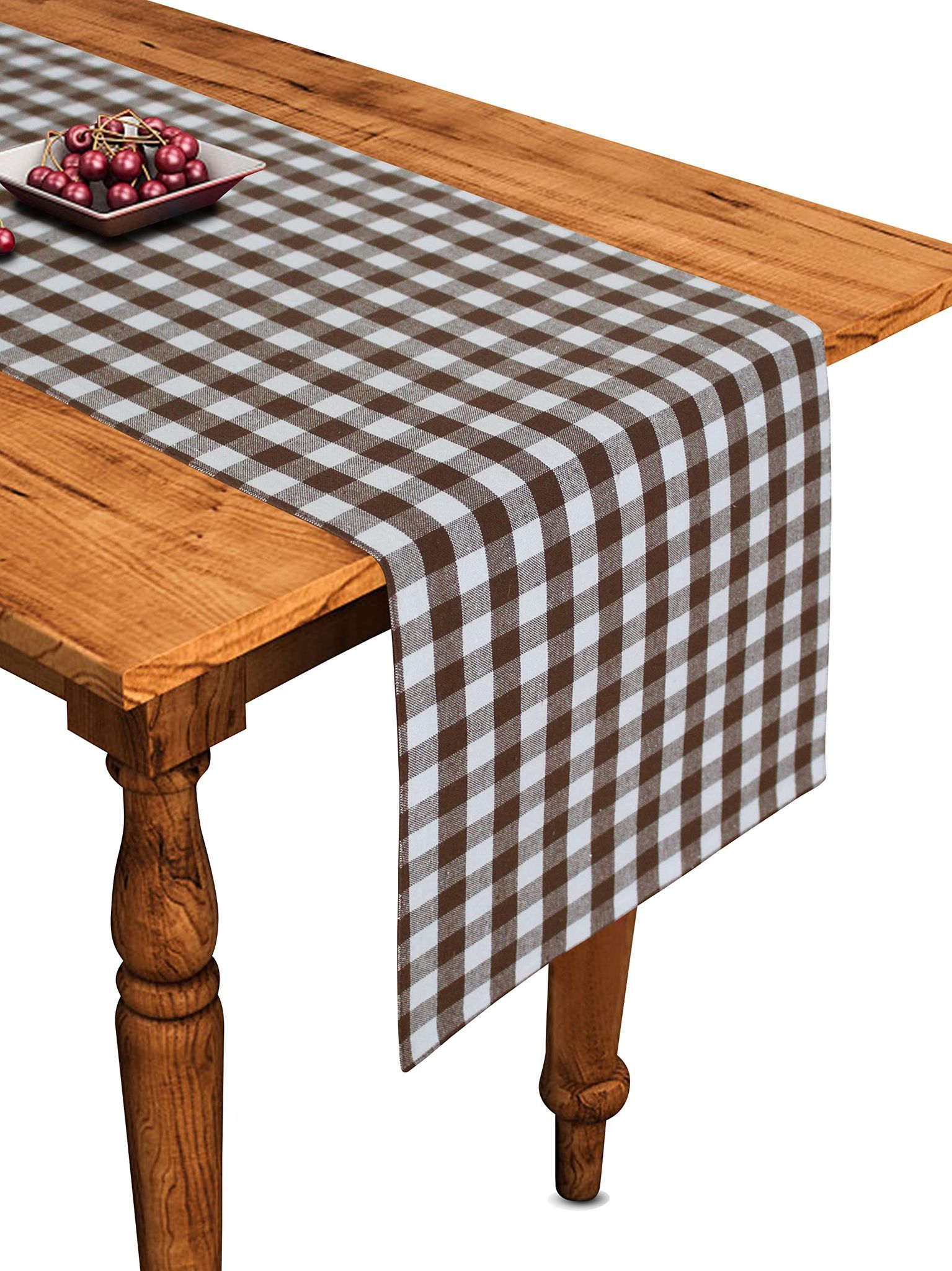 Airwill Cotton Gingham Check Brown Designed Checked Pattern Table Runner Length 152cm (Brown, Pack of 1)