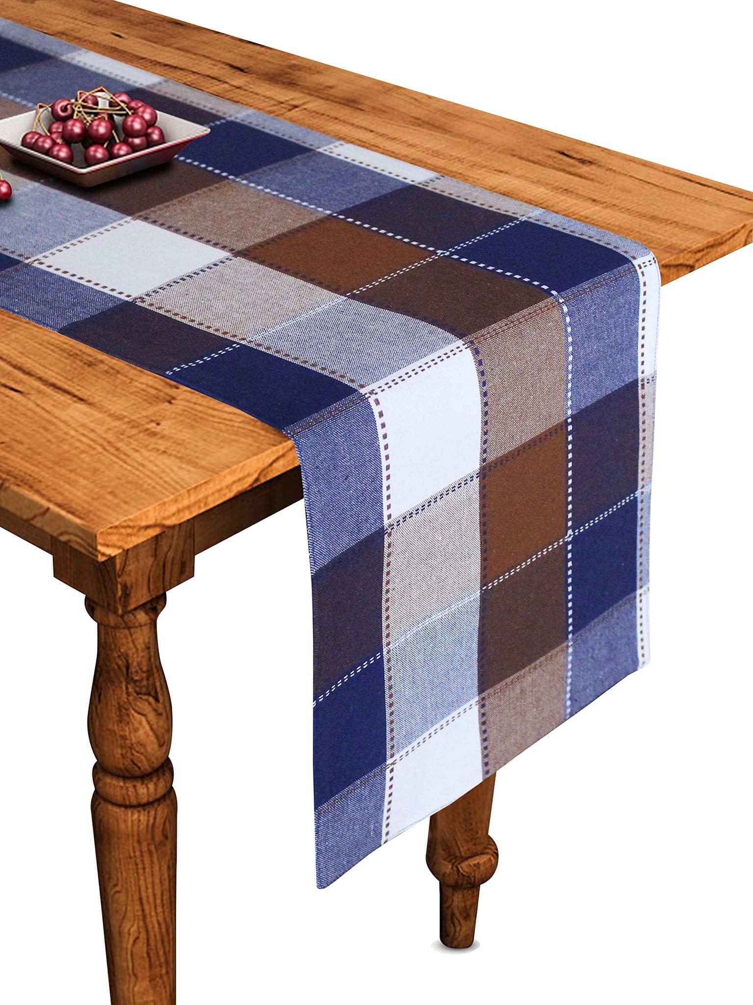 Airwill Cotton Dobby Blue Designed Checked Pattern Table Runner Length 152cm (Blue&Brown, Pack of 1)