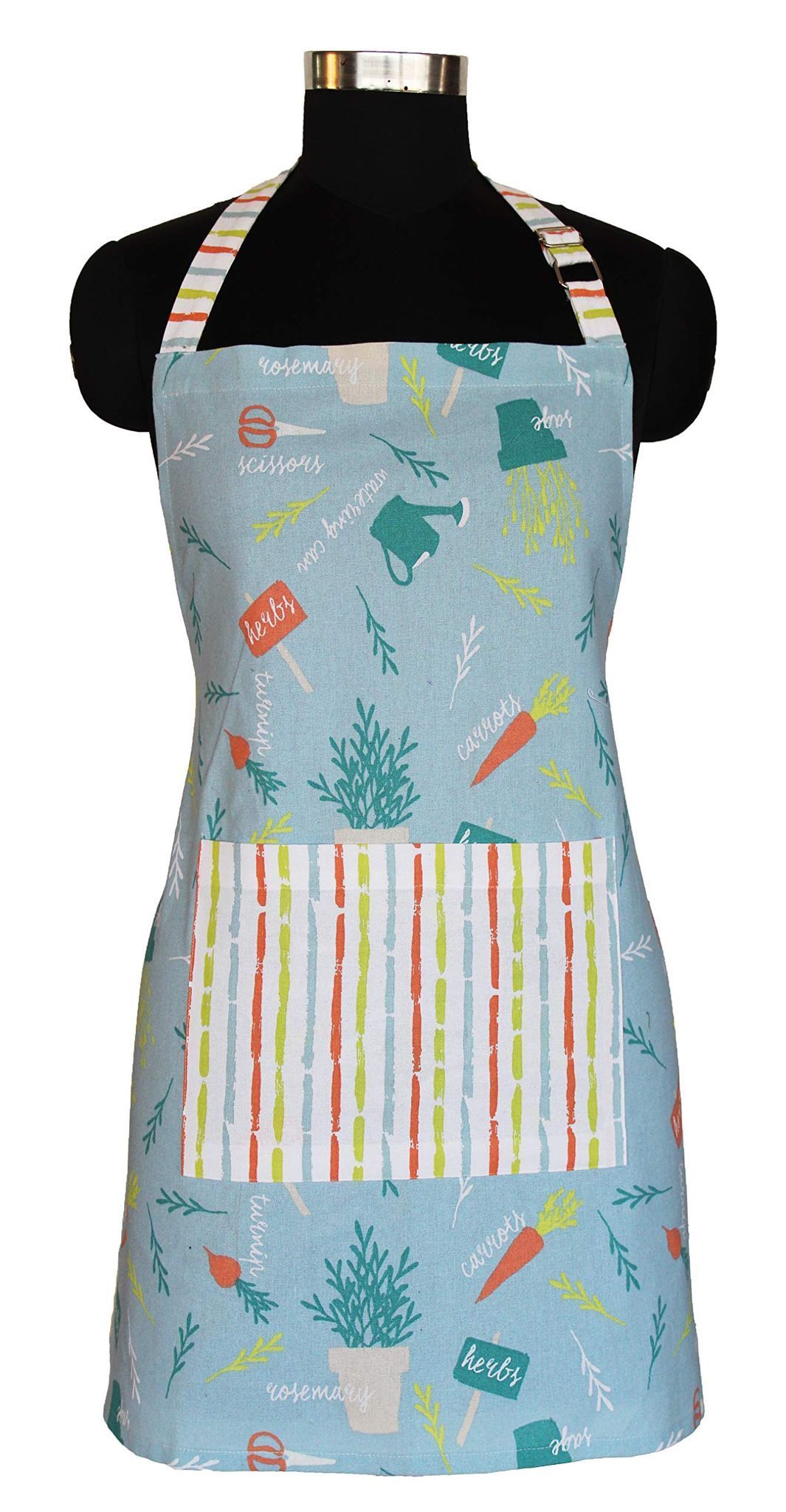 AIRWILL, 100% cotton designer aprons, sized 65cm in width and 80cm in length with 1 center pocket, adjustable buckle on top and 2 long ties on both 2 sides. Pack of 1 piece.