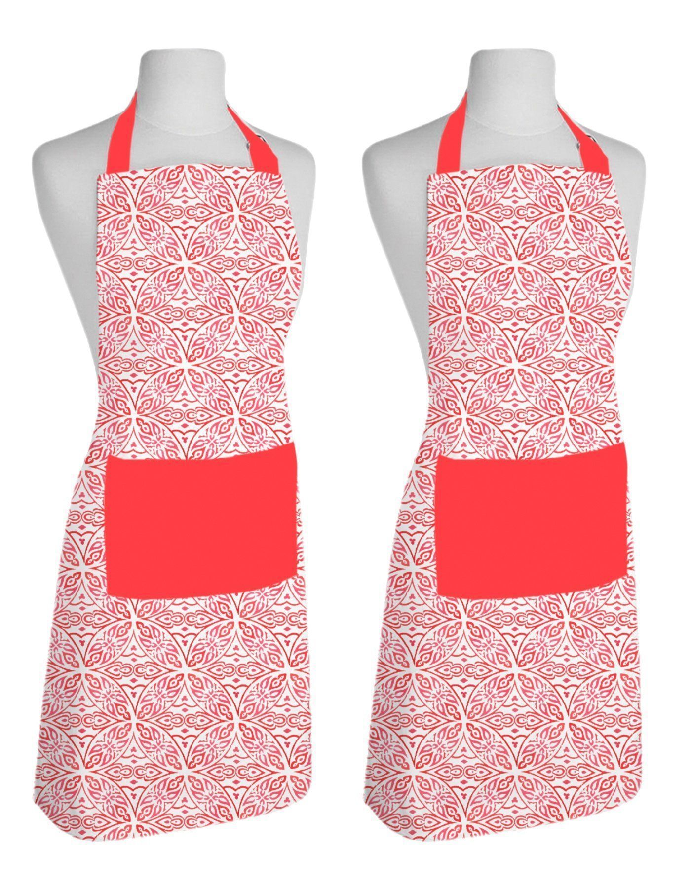 AIRWILL, 100% Cotton Designer Printed Aprons, Sized 65cm in Width & 80cm in Length with 1 Center Pocket, Adjustable Buckle on Top and 2 Long Ties on Both 2 Sides. Pack of 2 pieces