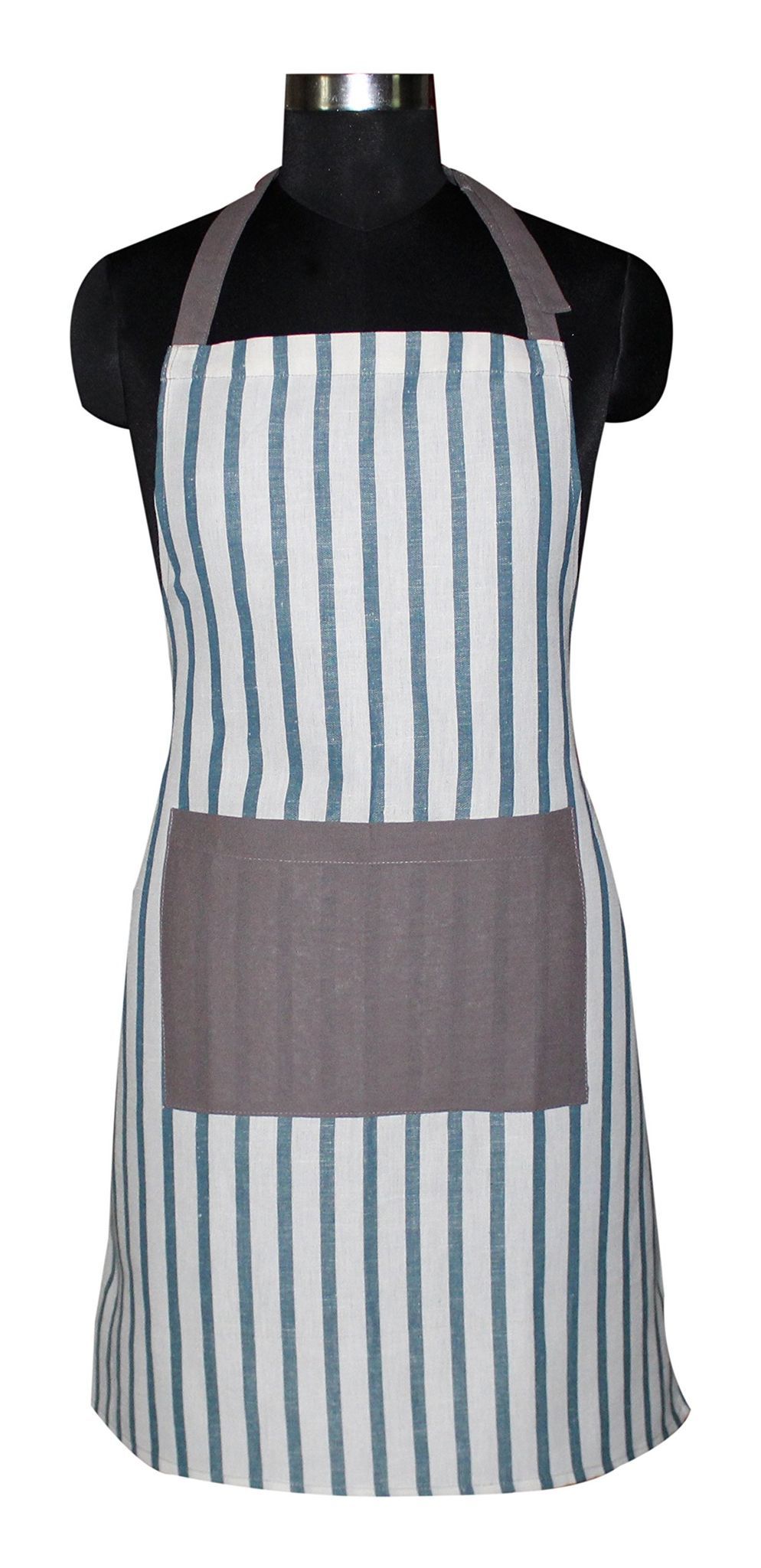 Airwill, 100% Cotton Designer Yarn-Dyed Striped Aprons, Sized 65cm in Width & 80cm in Length with 1 Center Pocket, Adjustable Buckle on Top and 2 Long Ties on Both 2 Sides. Pack of 1 Piece