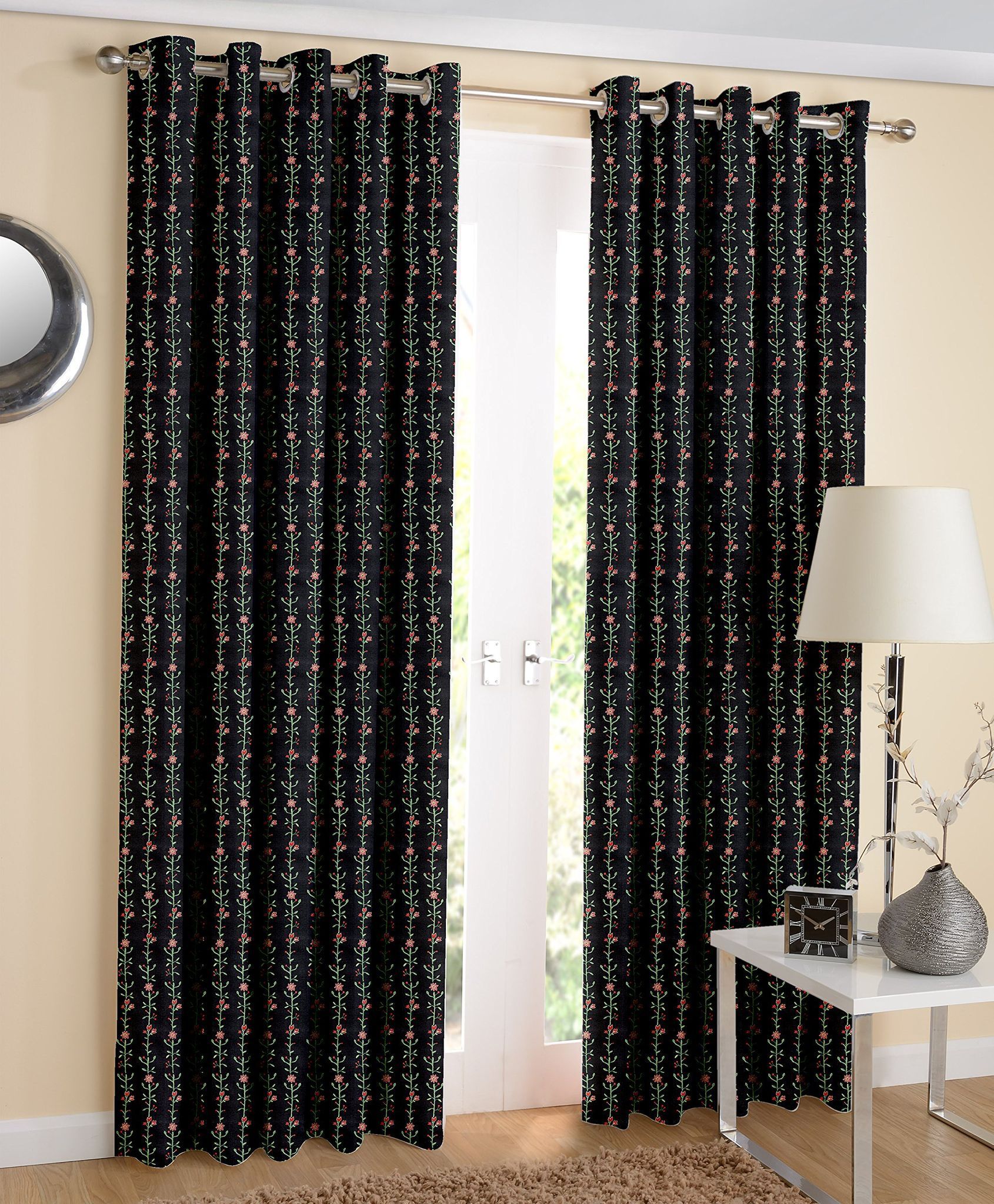 AIRWILL Cotton Printed Door Curtains (Black, Green and Red, 120x210cm) - Pack of 2 Pieces