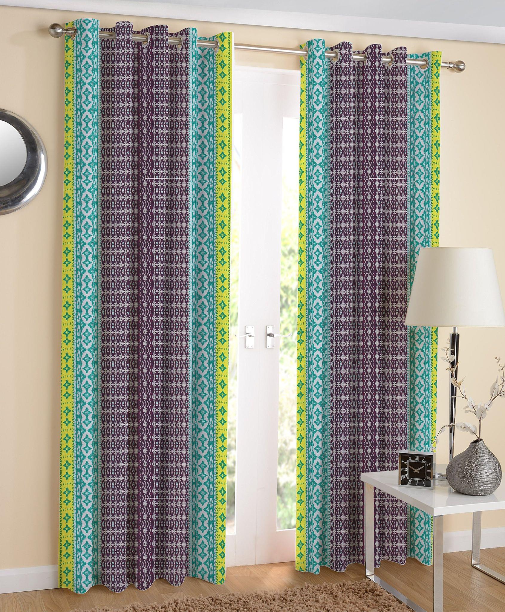 AIRWILL Branded Cotton Printed Designer Door Curtains, 120cm Width and 210cm Length, 4/7 ft(Violet, Turquoise and Yellow)- Pack of 2