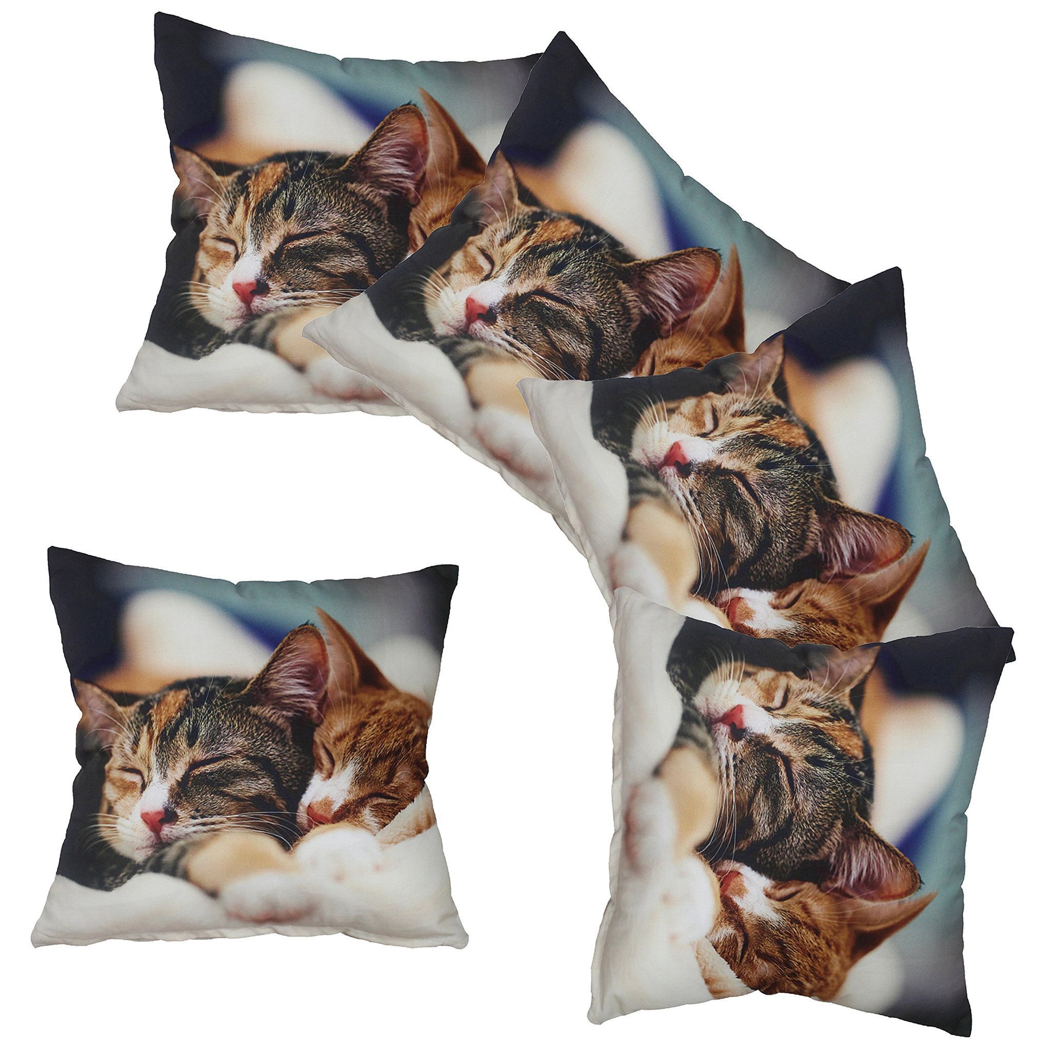 AIRWILL Cotton CAT Design 3D Printed Square Shape Cushions Covers (40x40 cms, Multicolour) - Pack of 5