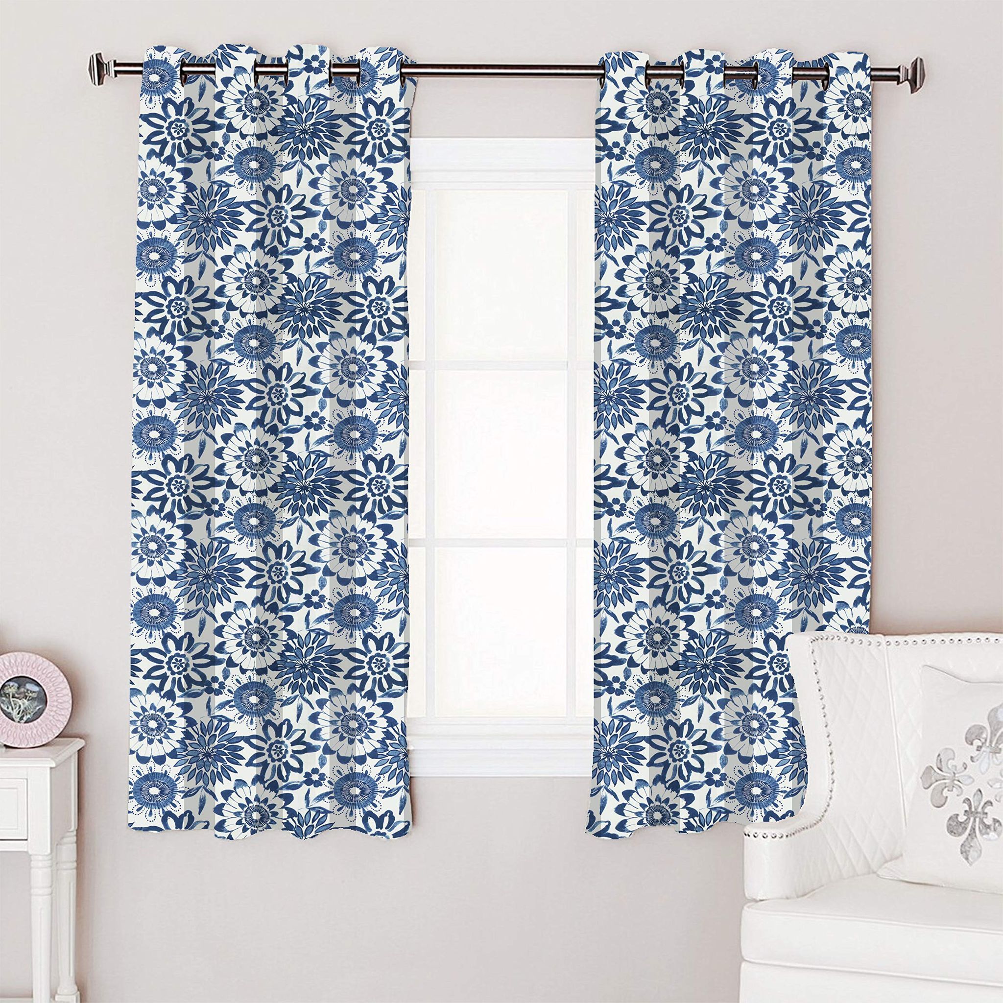 AIRWILL 100% Cotton Floral Pattern Window Curtains Sized, 5ft Length (Blue, Pack of 2 pcs)