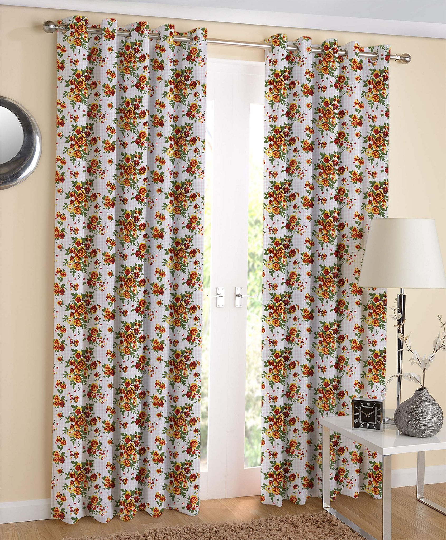 AIRWILL Yellow Floral Pattern Cotton Window Curtains 4x5ft Pack of 2 Pieces
