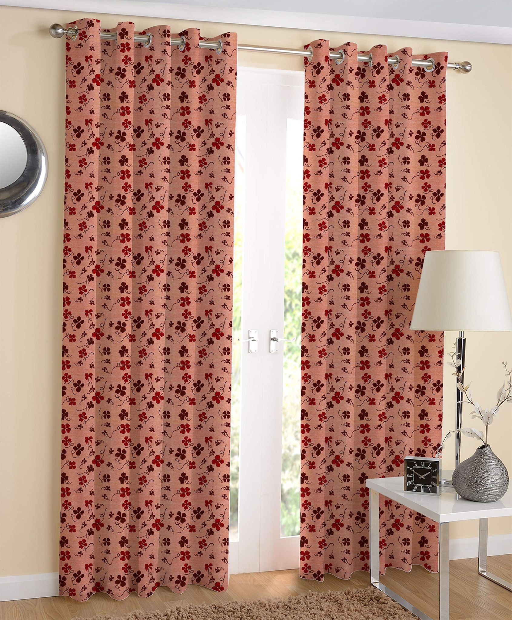 AIRWILL Red Printed Pattern Cotton Door Curtains 4x7ft Pack of 2 Pieces