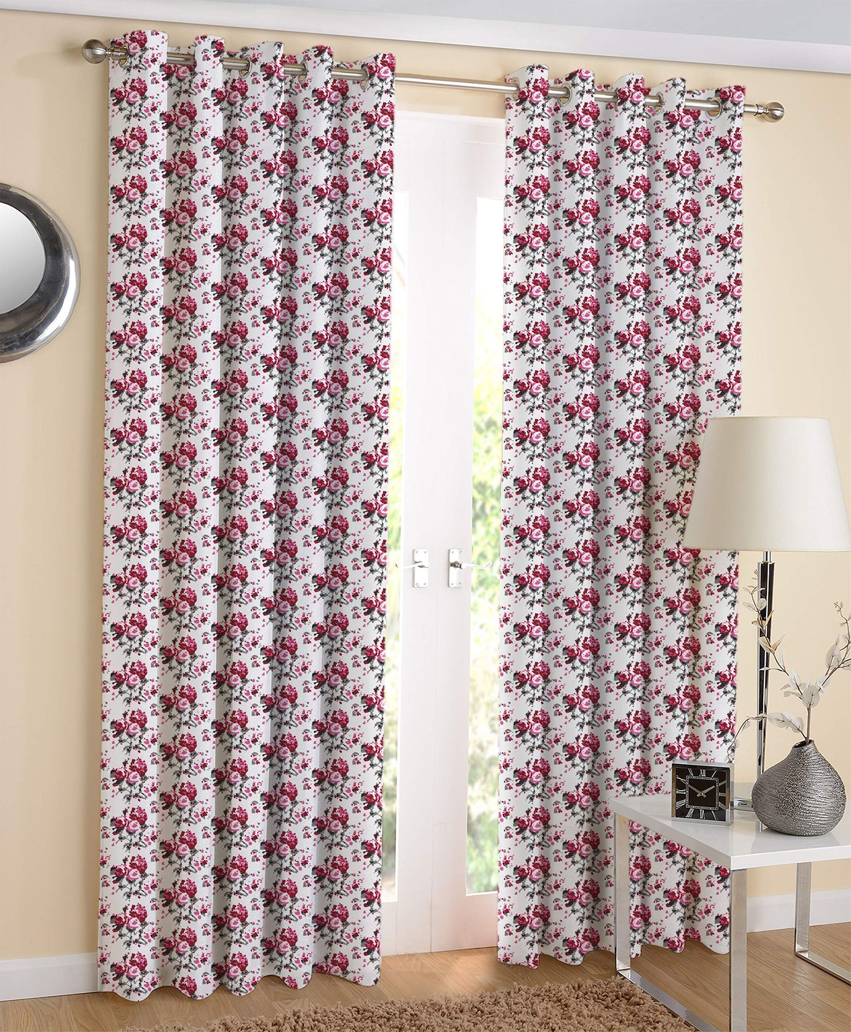 AIRWILL Pink Printed Pattern Cotton Door Curtains 4x7ft Pack of 2 Pieces