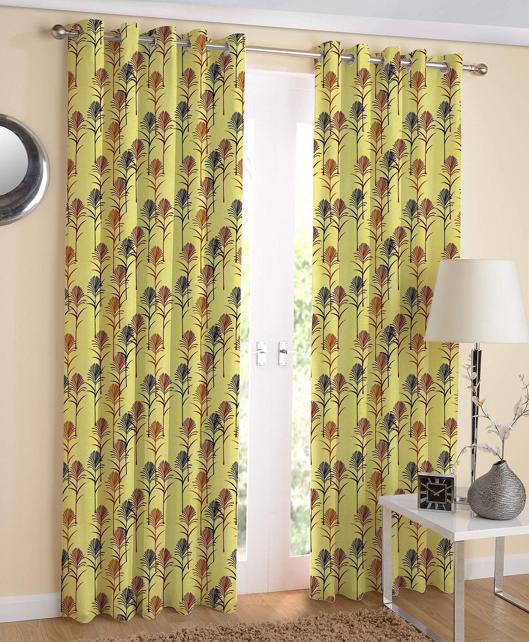 AIRWILL Yellow Printed Pattern Cotton Door Curtains 4x7ft Pack of 2 Pieces