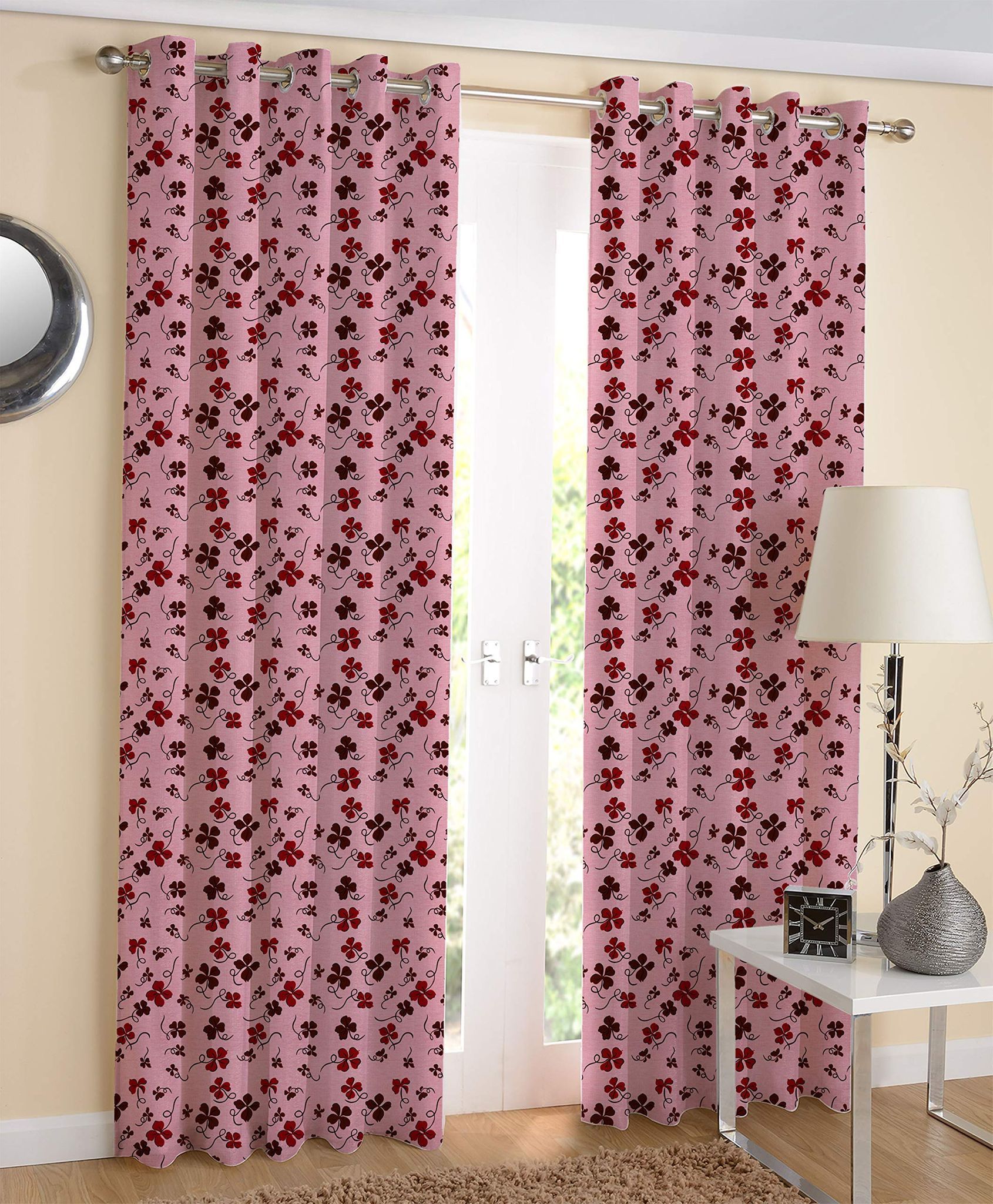 AIRWILL Pink Printed Pattern Cotton Door Curtains 4x7ft Pack of 2 Pieces