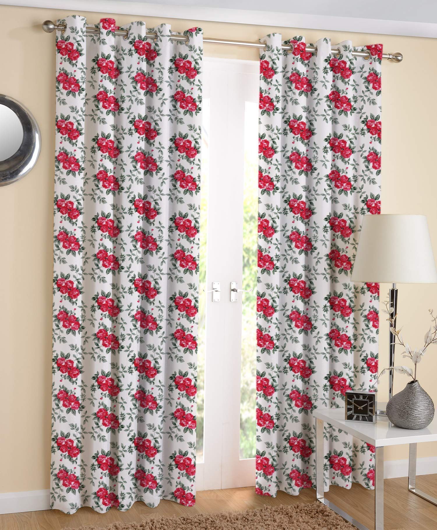 AIRWILL, Cotton Eyelet Door Curtains Pack of 2 Pieces (4 x 7 ft (Pink, Red))