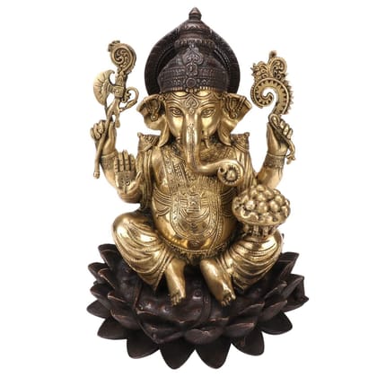ARTVARKO Brass Idol Ganesha Large Size Ganpati Bhagwan Murti for Home Decor Height 11 Inch Gold and Black Color