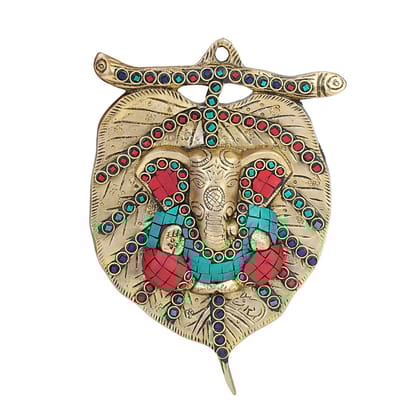 ARTVARKO Brass Pipal Leaf Ganesha Wall Hanging With Color Stone Handwork Home Entrance D�cor Ganpati Gift for Office Height 8.7 Inches