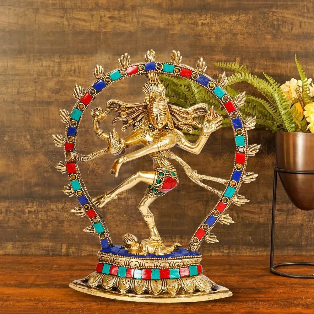 ARTVARKO Brass Metal Dancing God Shiva Bhagwan Idol Natraja Murti Statue with Multicolor Gemstone Work Home D?cor Mandir Pooja Puja Height 8.5 Inches