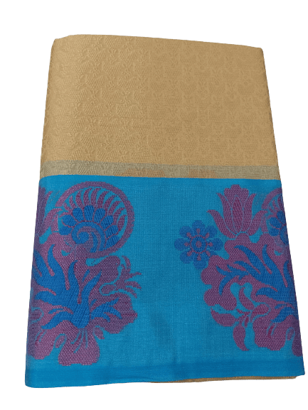 Digital Print Tussar Blue & Yellow Borderd Satin Saree