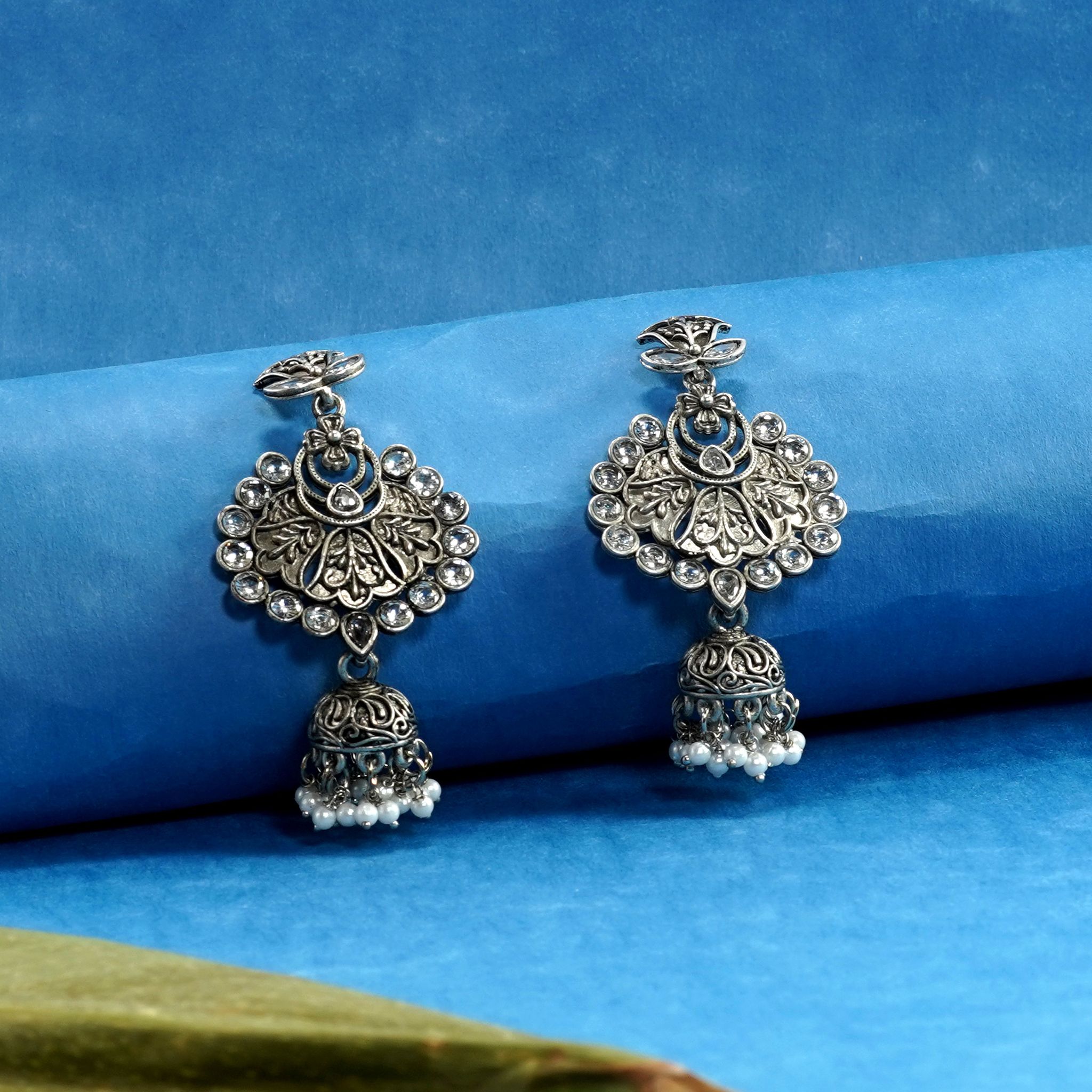 Neeara Fashion's Silver Polished Handcrafted, Oxidised jumka Dangler Earrings