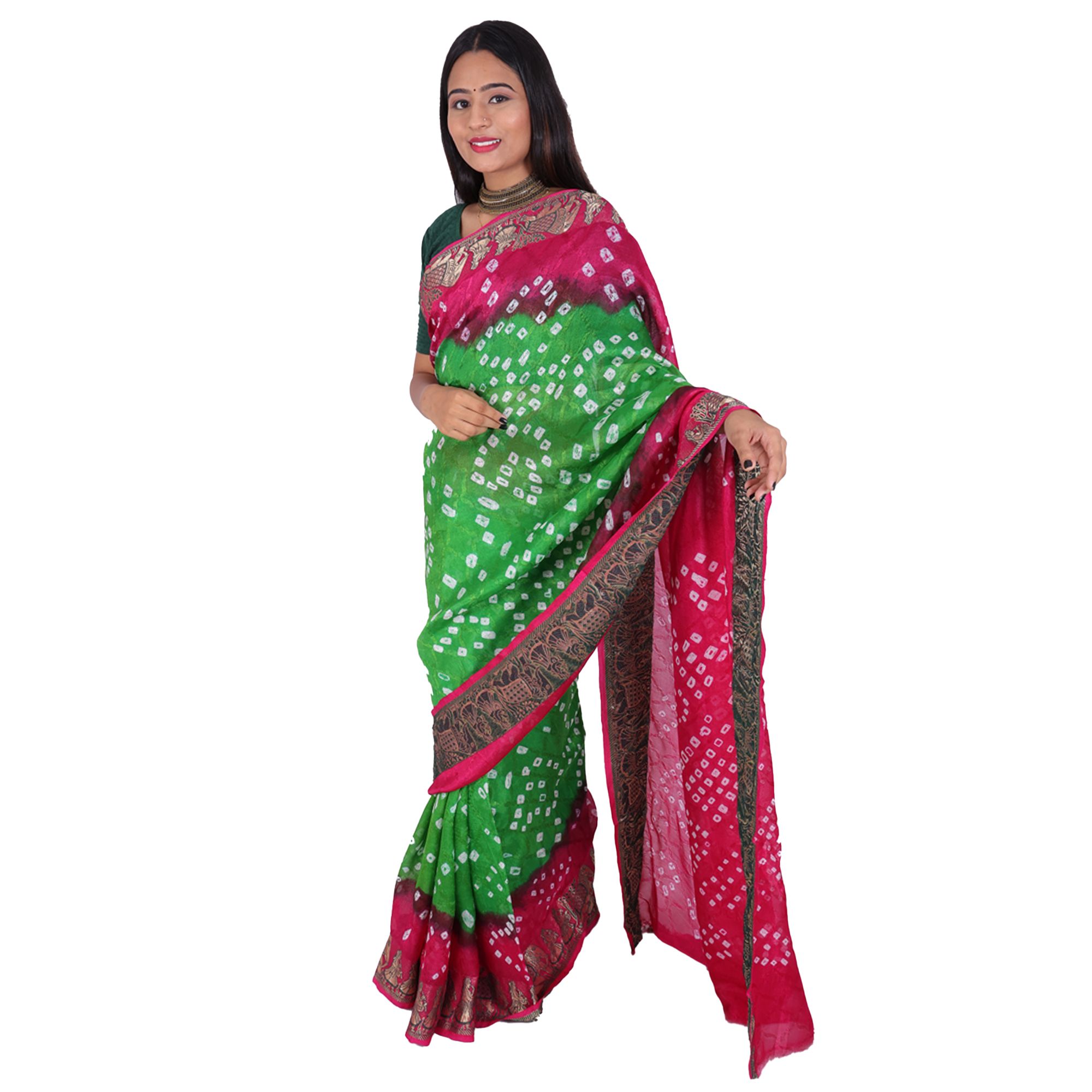 Tribes India Handwoven Green and Pink Bandhej Saree