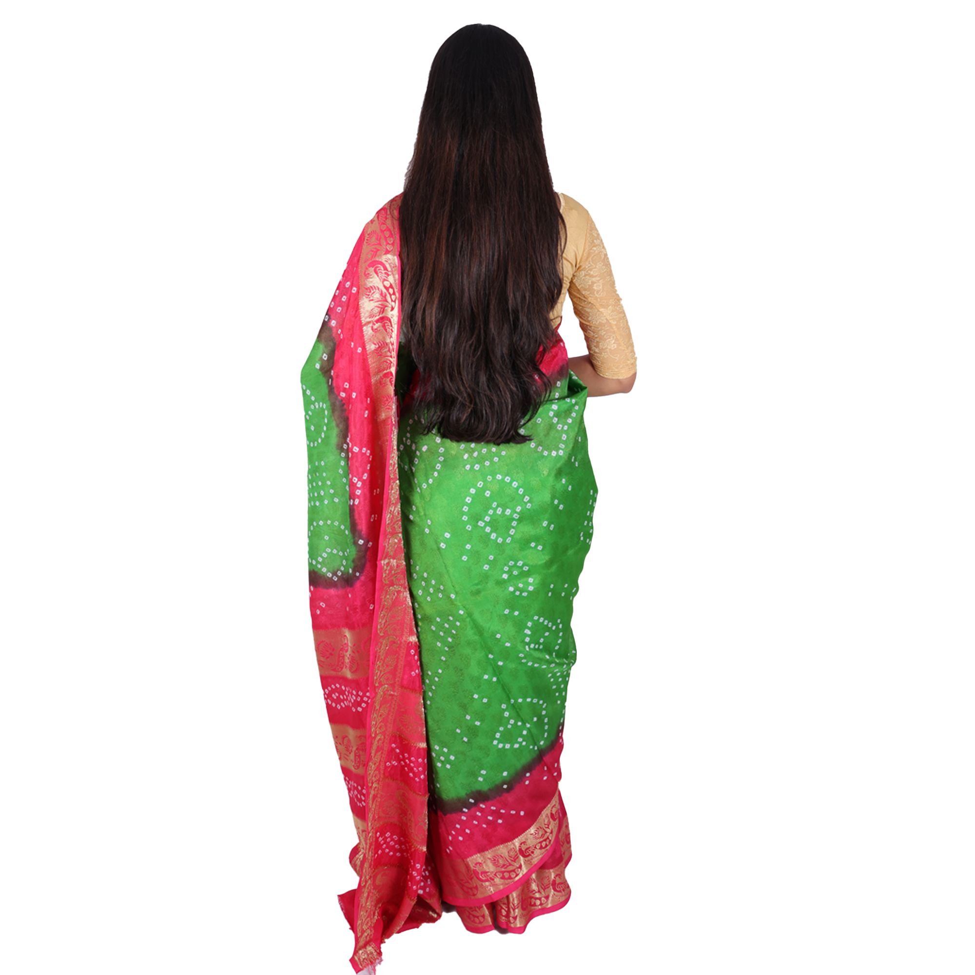 Tribes India Handwoven Green and Pink Bandhej Saree