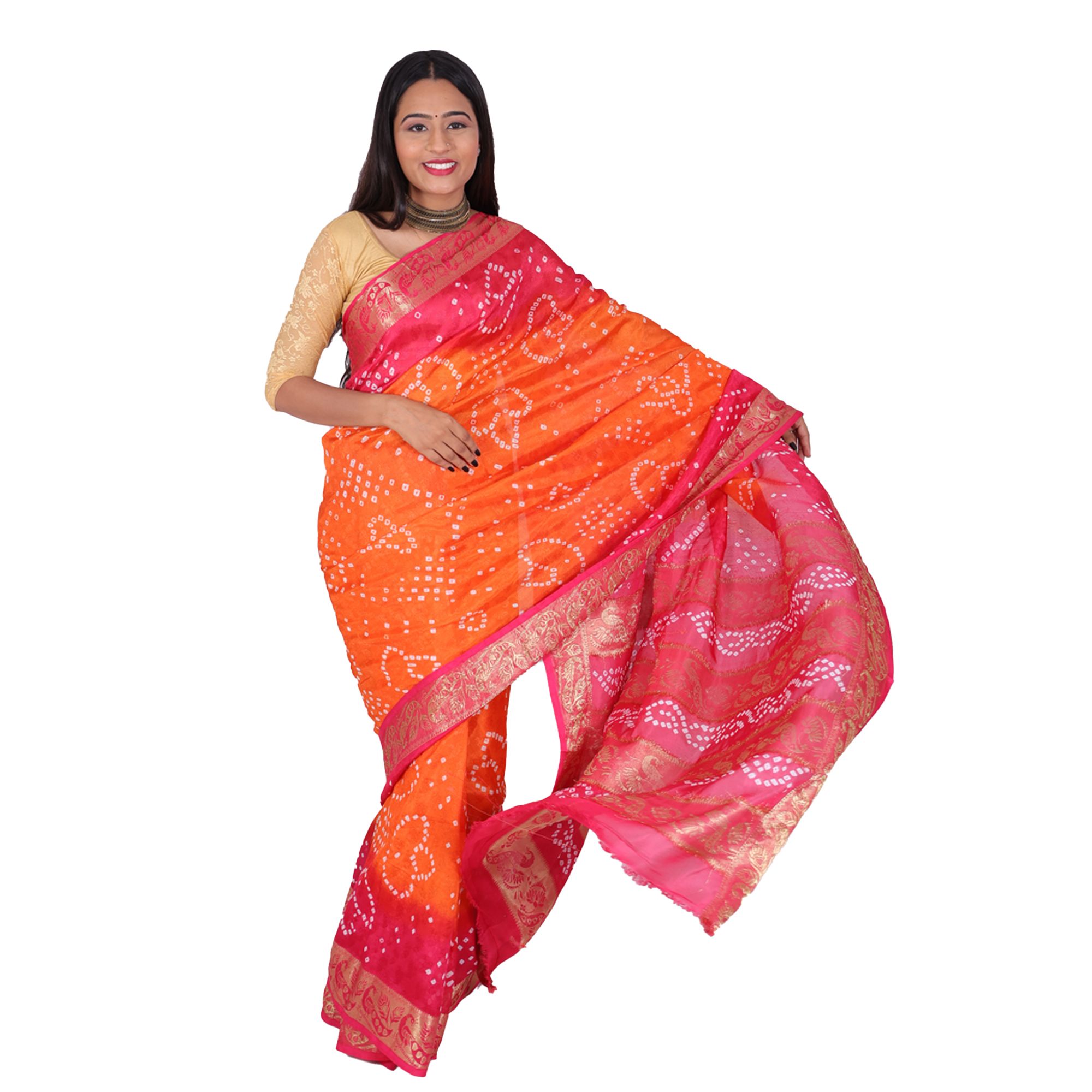 Tribes India Handwoven Orange and Neon Pink Bandhej saree