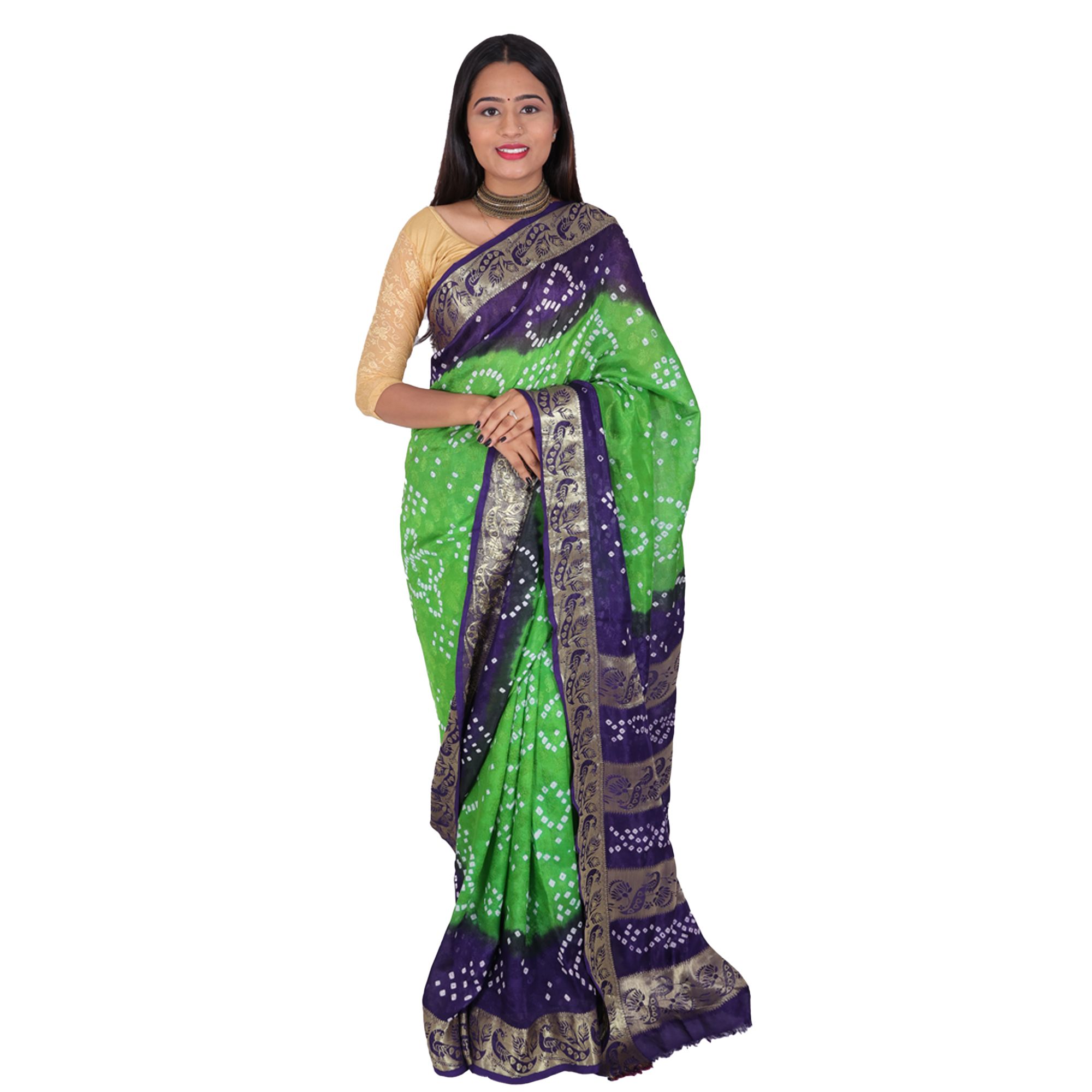 Tribes India Handwoven Green and Indigo Blue Bandhej Saree