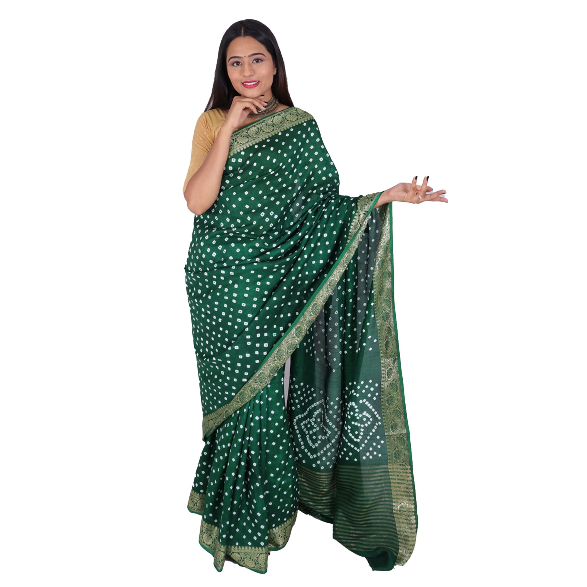 Tribes India Handwoven Dark Green Bandhej Saree