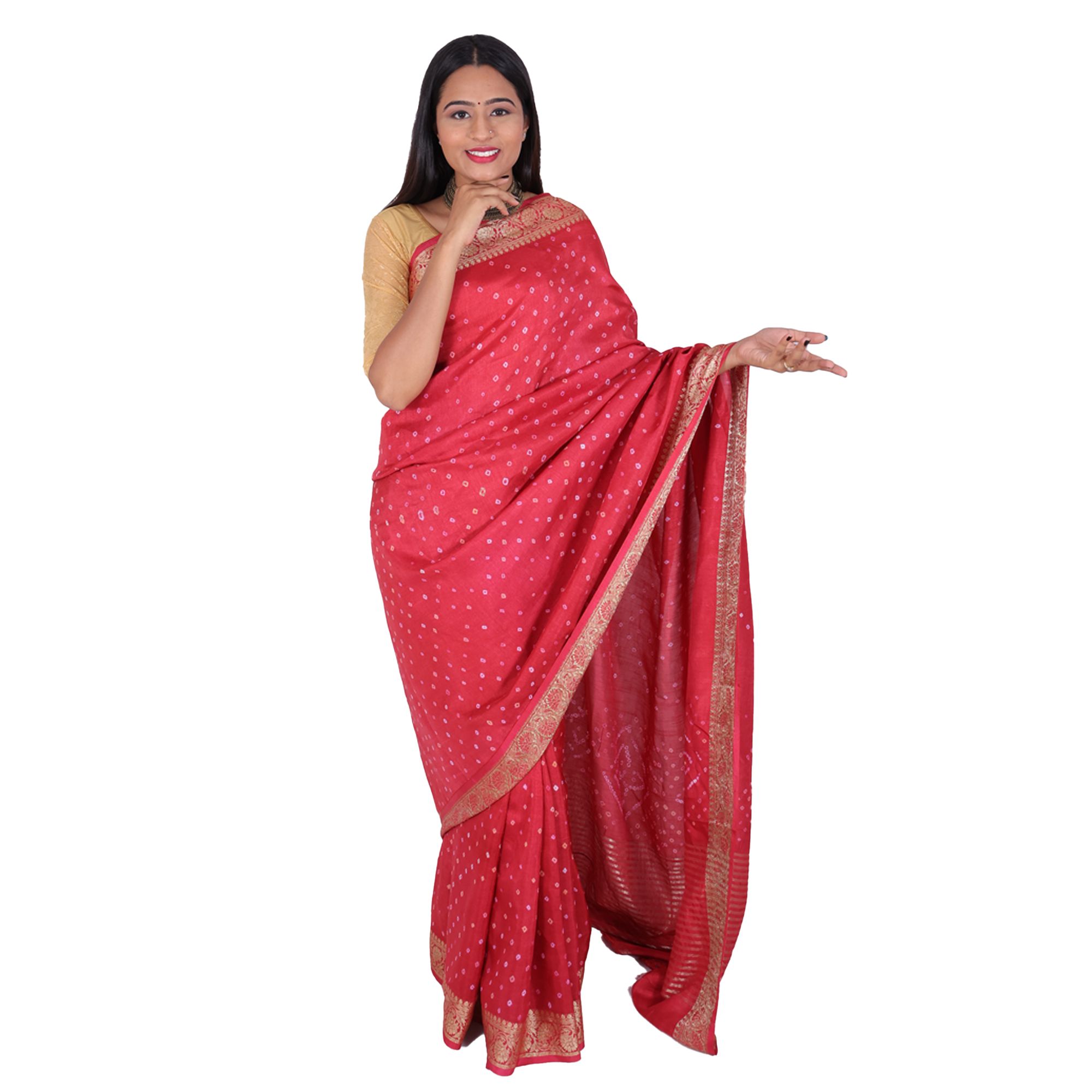 Tribes India Handwoven Baby Pink Bandhej Saree
